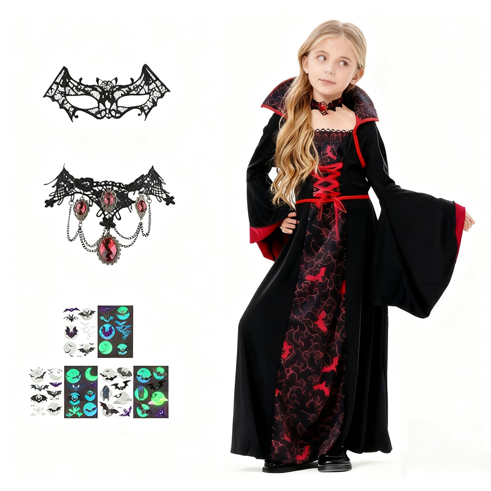 EliphonTowne Halloween Girls Vampire Costume - Gothic Vampire Costume Kids with Dress, Eye Mask, Necklace, Tattoo Sticker, Girls Halloween Costumes for Party/Cosplay - 130