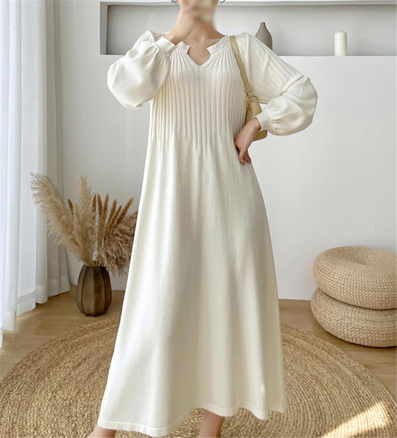 Solid Color Knitted Dress Women's Large Size Loose V-Neck Mid-Calf Long-Sleeved Bottoming Maternity Sweater Dress