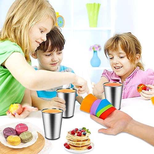 Miniatura 2 de ShineMe Vasos para niños de 8 onzas, a prueba de derrames, paquete de 5 tazas de acero inoxidable con tapas y fundas de silicona, vasos