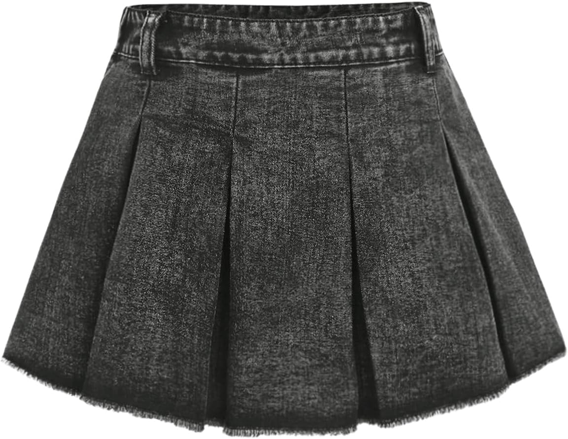 WDIRARA Girl's Casual High Waisted Pleated Denim Skirt Raw Hem A Line Mini Skirts