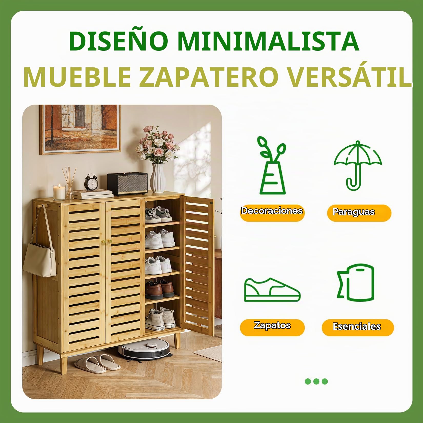 unho Zapatero Madera con Cierre Magnético y Ganchos 20 Pares, Fondo 35 cm | Mueble Zapatero Recibidor con 5 Estantes, con 3 Puertas, para Salón Pasillo, Madera Natural, 90.5x35x103cm