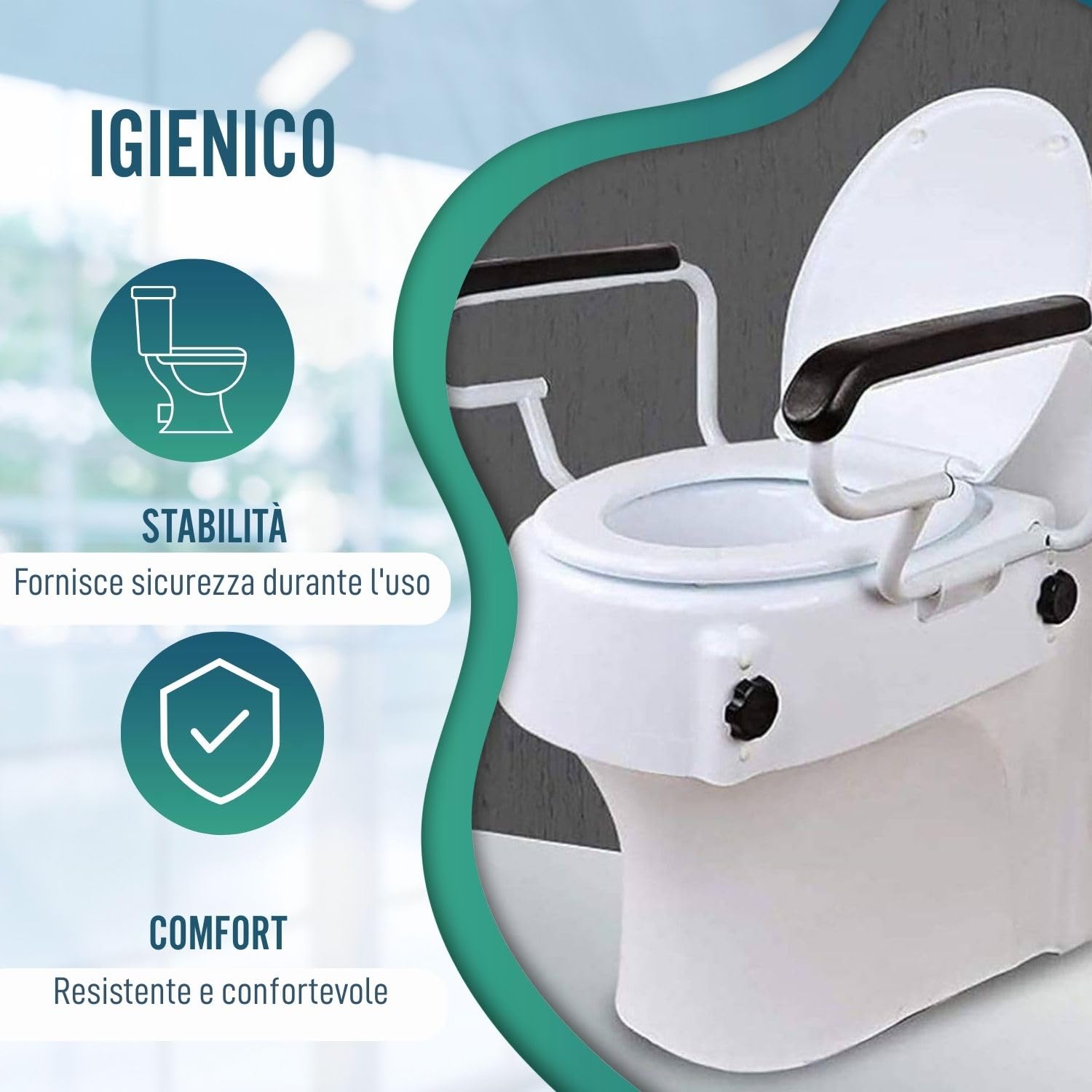 OrtoPrime Rialzo WC Inclinabile con Braccioli Pieghevoli - Altezza Regolabile 5, 10 e 15 Centimetri - Alza WC con Coperchio - Alzatore del WC Portatile