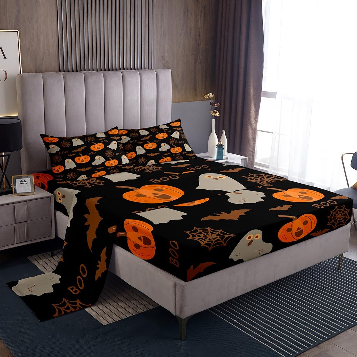 Feelyou Happy Halloween Bed Sheets Set Twin Size Funny Ghost Printed Bed Set Pumpkin Deep Pocket Fitted Sheet