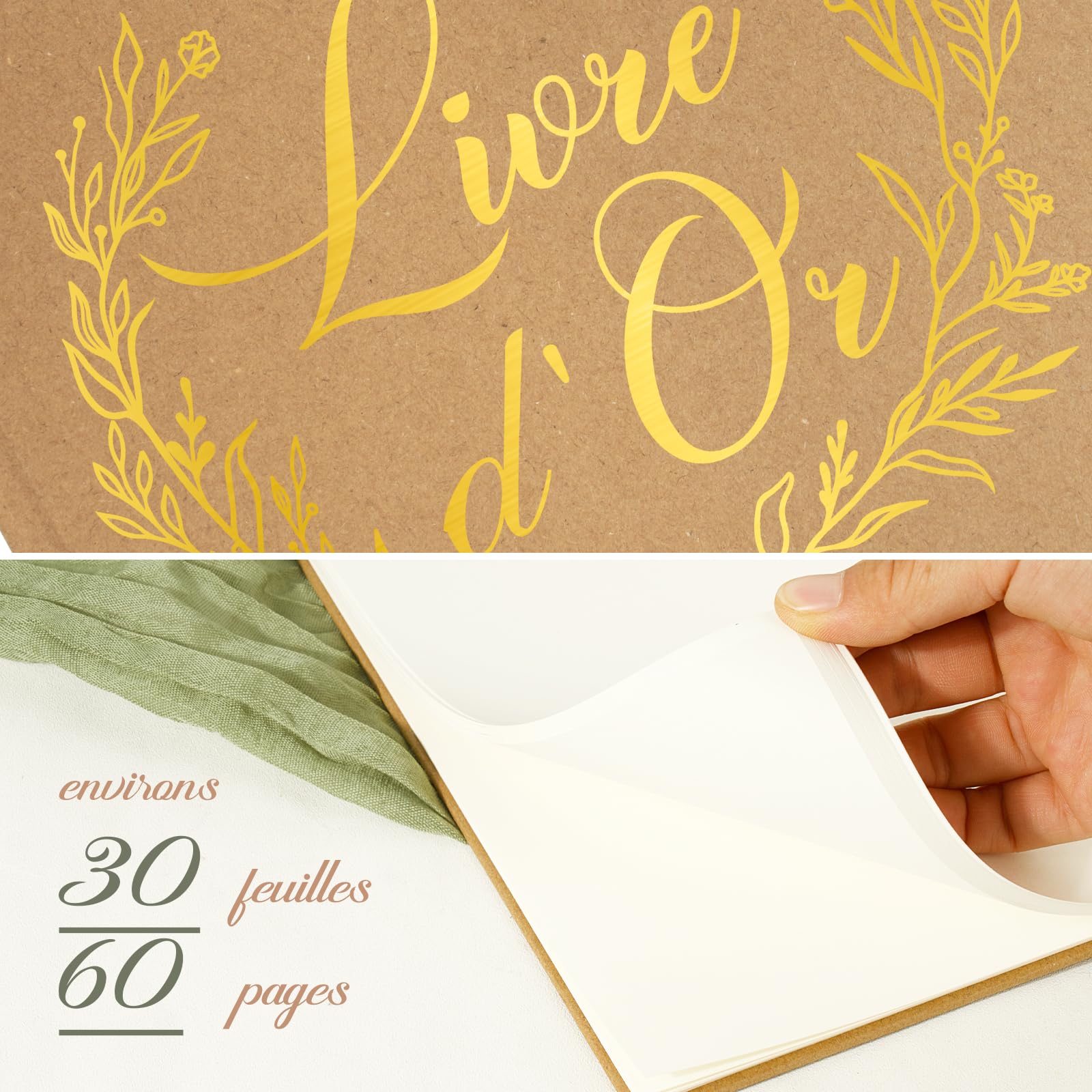Livre d'or Mariage 60 pages Couverture Rigide Kraft Guest-Book Registre