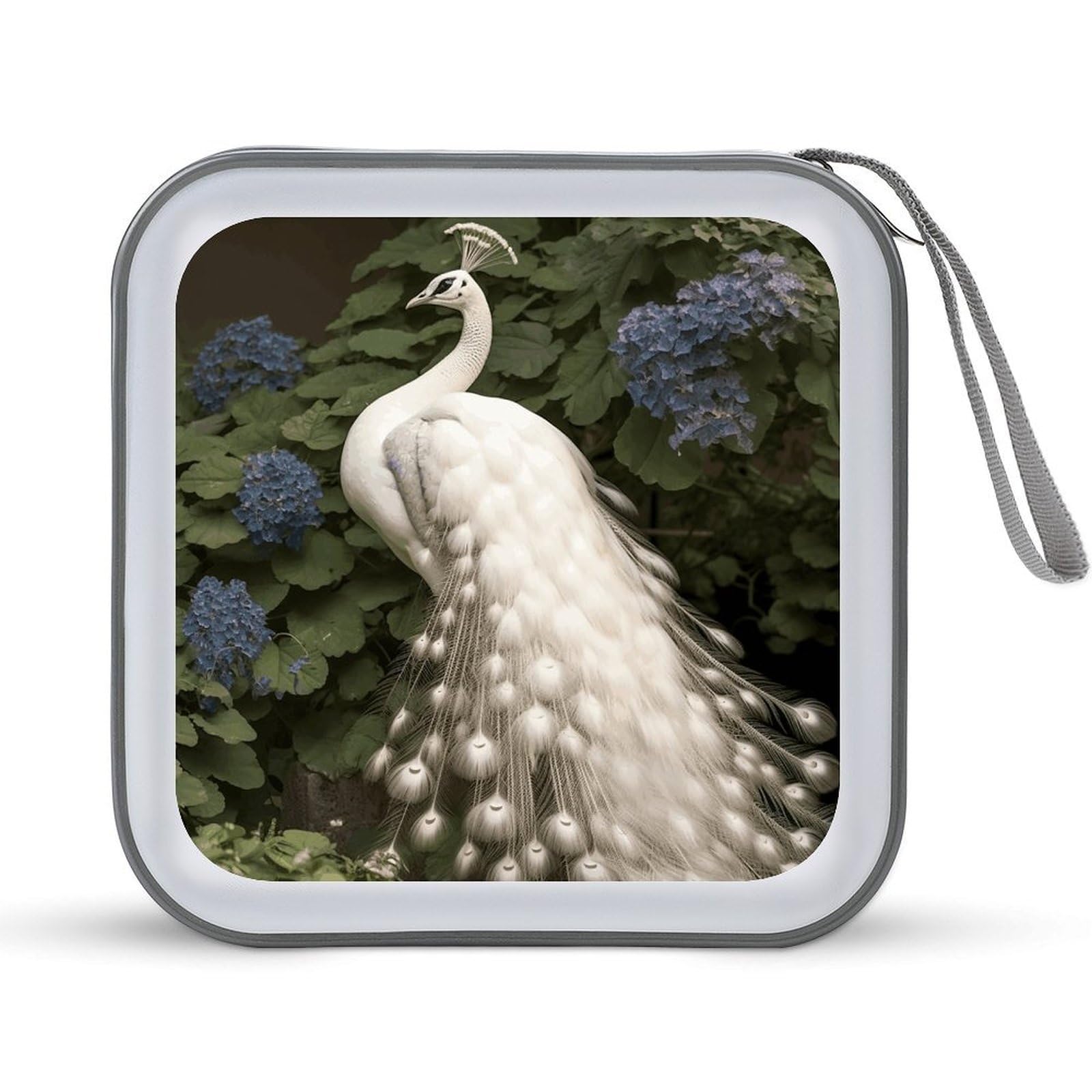 FodPand - 40 Capacity Zipper White Peacock CD Case, Hard Plastic DVD Holder, Portable Disc Storage Box, Disc Storage Organizer for CD or