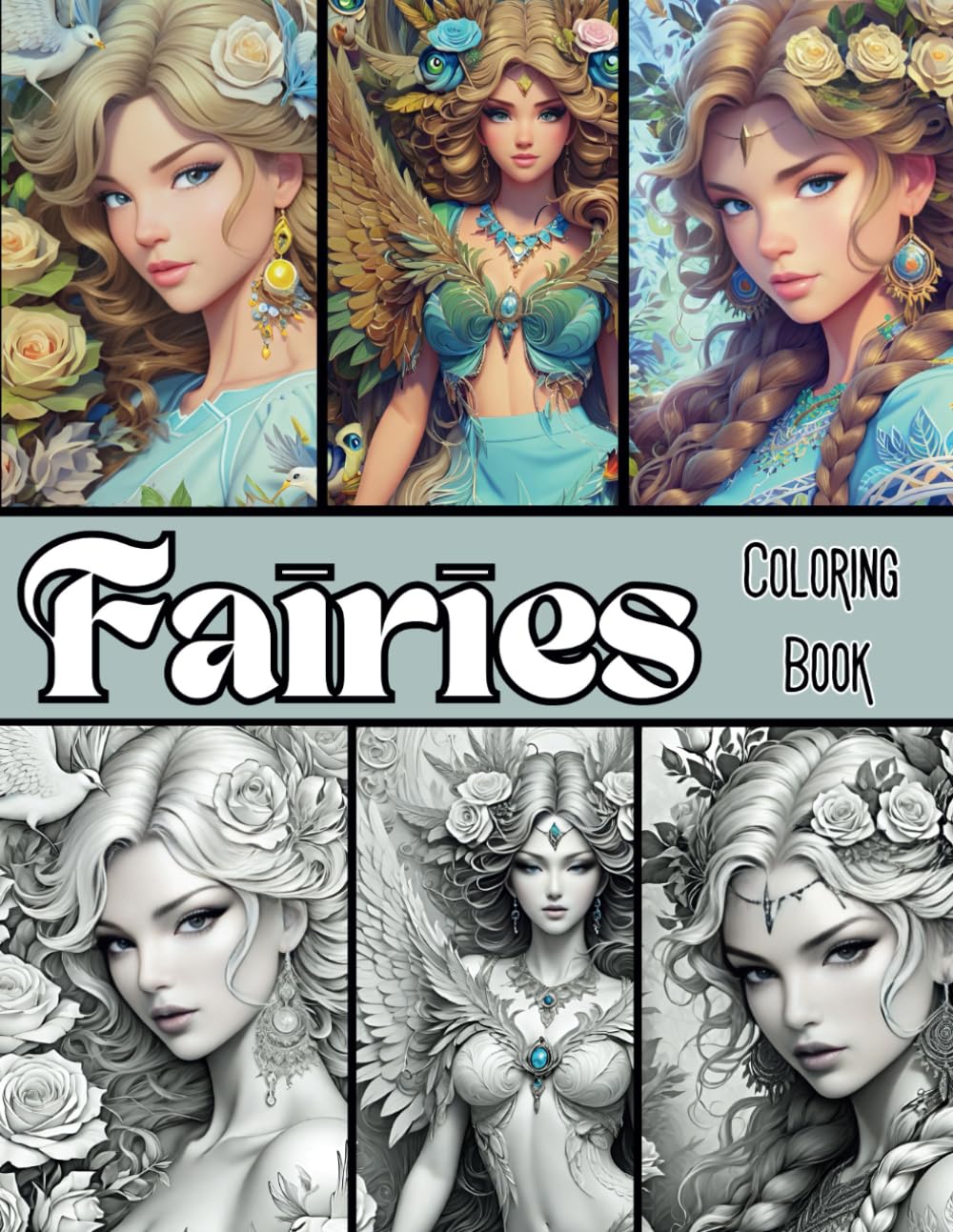 Fairies Coloring Book: Grayscale 3D render for advanced artists. Highly detailed for fine ink coloring