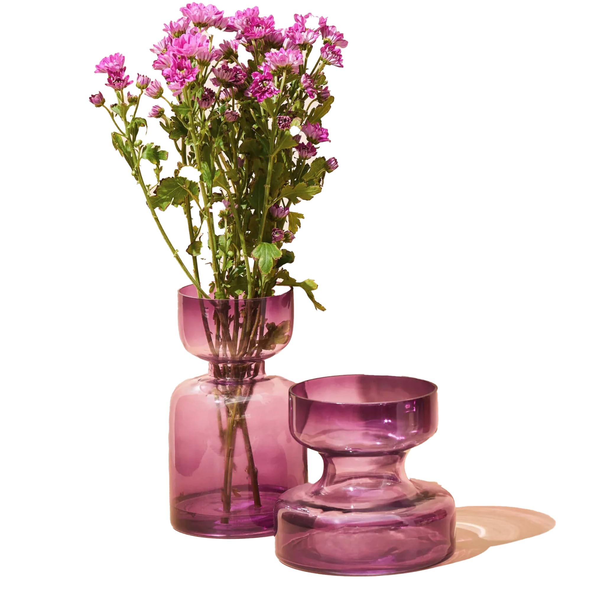 Glasvase in Lilaton – Dekorative Blumenvase aus Glas, kunstvoll handgefertigt, modern & elegant – Für Wohnzimmer, Esstisch & Regaldeko, 2er Set: 13,9cm x 12,7 cm und 20,3cm x 10,1 cm