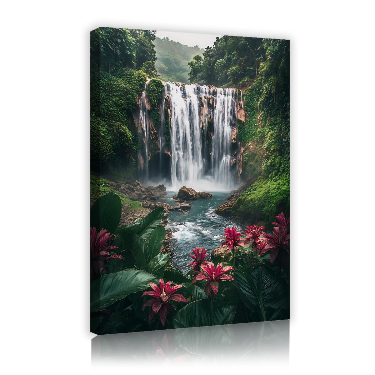 CHERHERART Affiche murale en toile de cascade tropicale Fleurs roses de jungle verte Tableau de paysage nature Impression murale murale pour salon 55x85cm Cadre intérieur