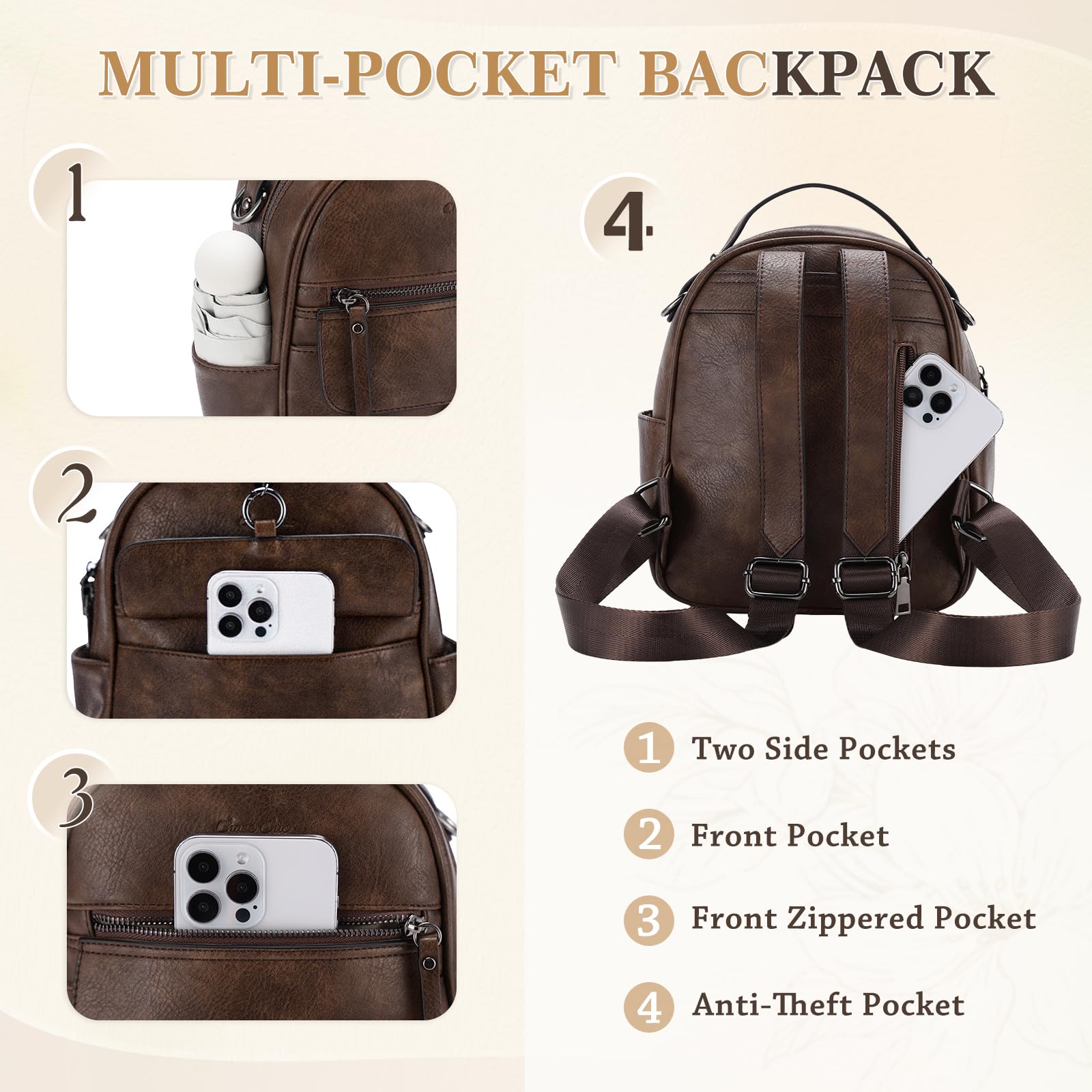 Chase Chic Petit Sac à dos Femme,Sacs à Main Portés Dos Femme en Cuir,Sacs à Dos Cartable avec Sangle de Guitare Amovible