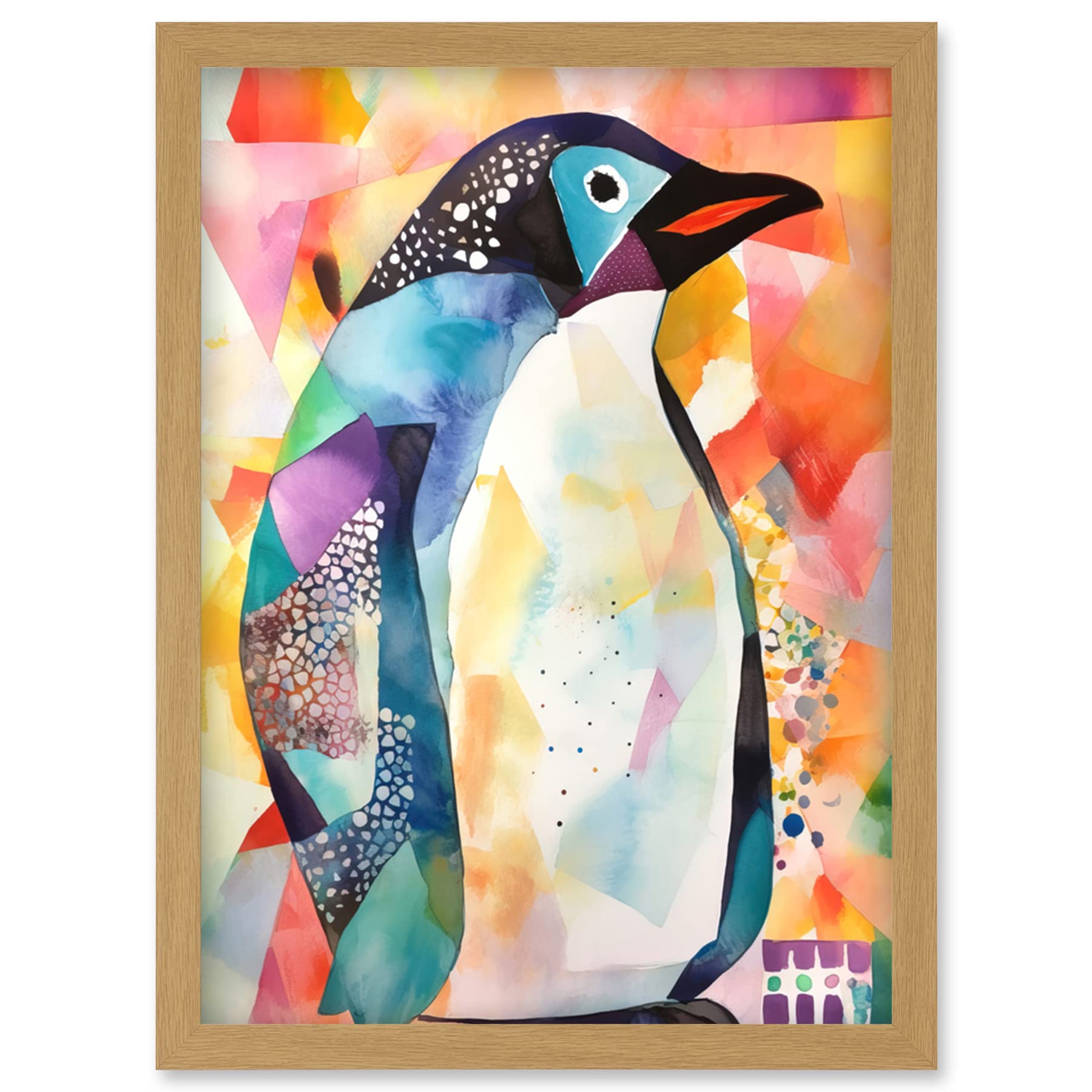 Artery8 Polygon Colour Penguin Folk Art Artwork Framed Wall Art Print A4