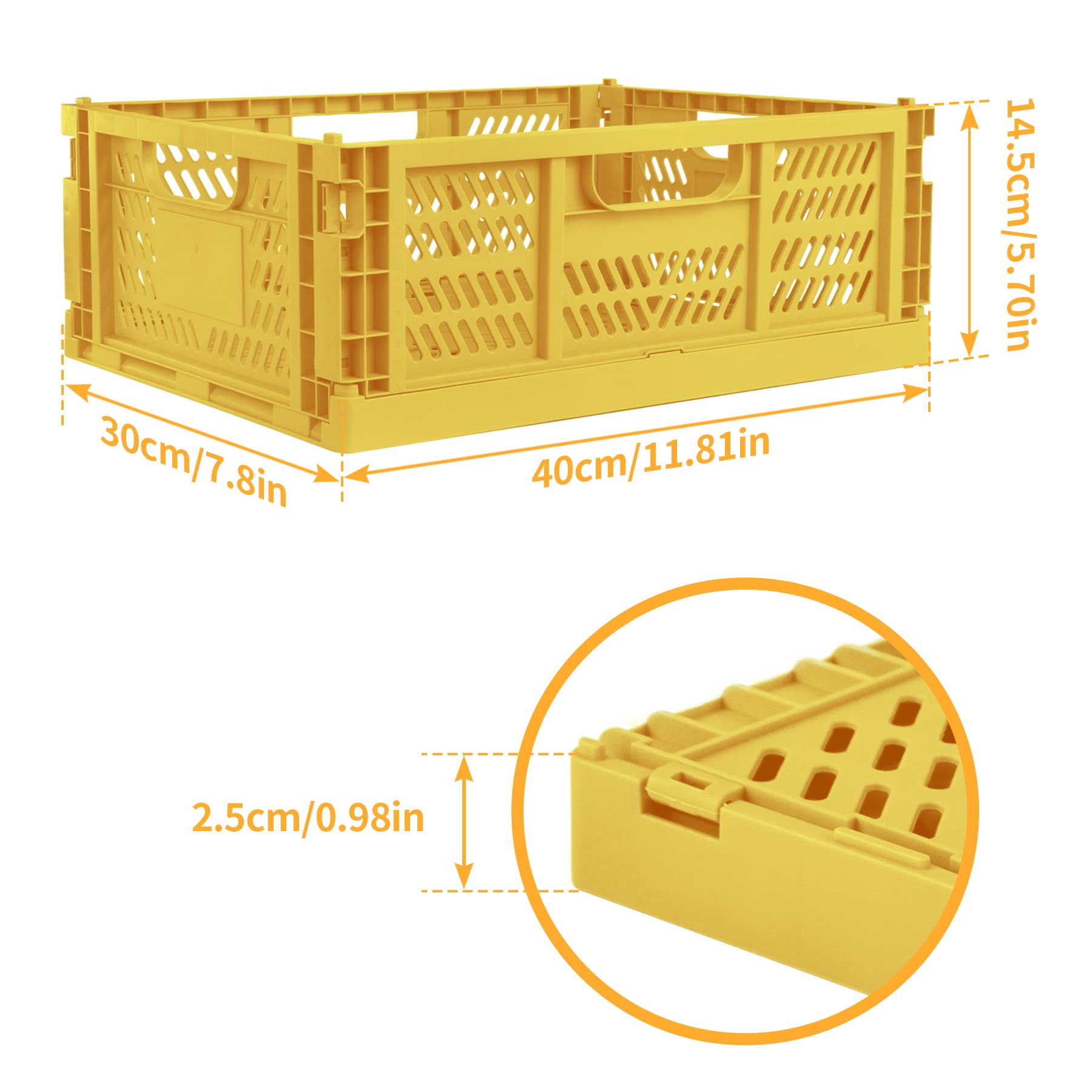 Spesh Lot de 2 Boîtes de Rangement Pliables en Plastique Caisses Pliable Cattage Plastique Rangement pour Chambre D'enfant, Cuisine, Bureau(Jaune,40*30*15cm)