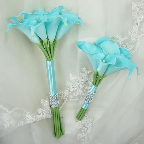 Miniatura 4 de Ramos de flores artificiales de lirio de cala de 8 tallos (turquesa con cinta)