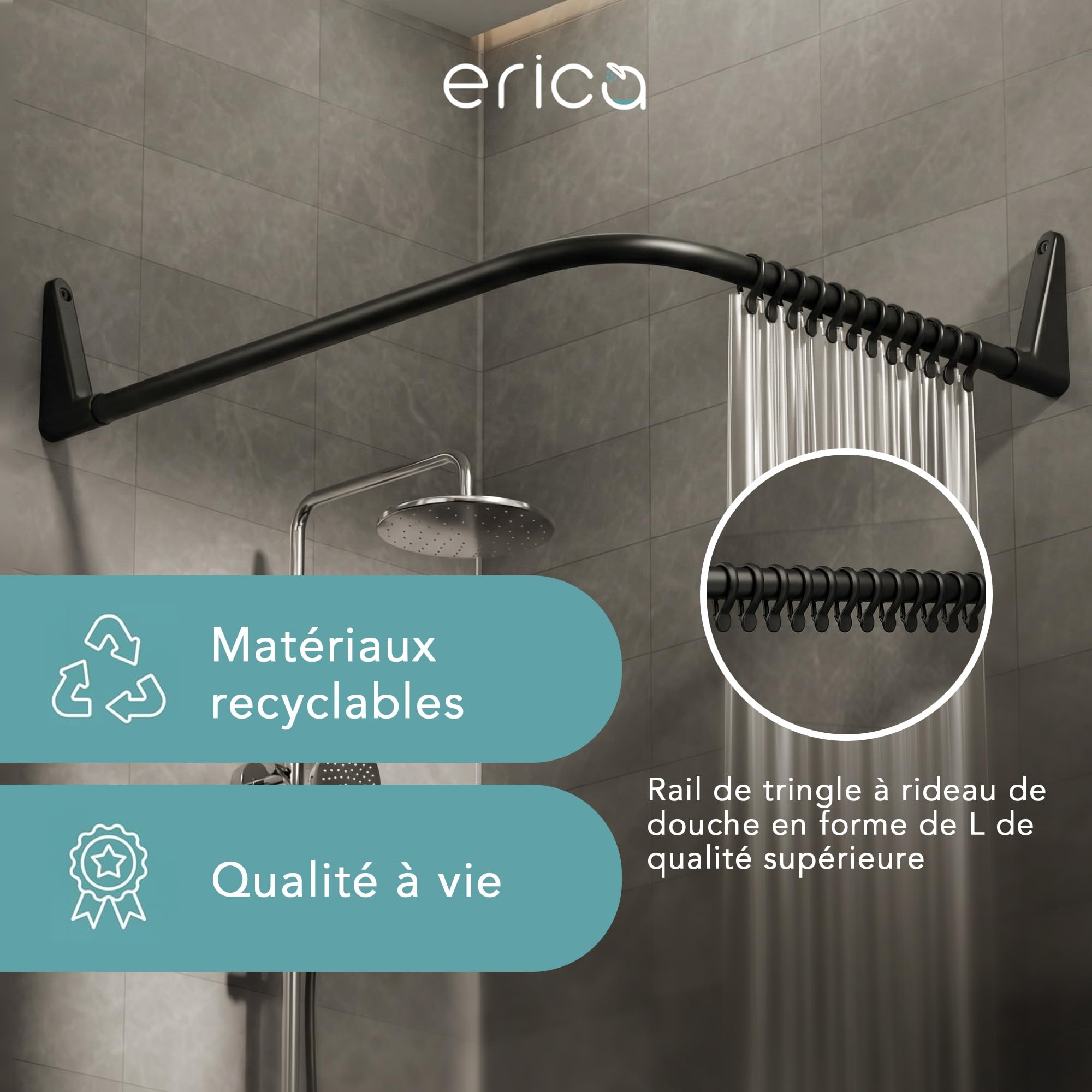 Erica Tringles de Rideau de Douche pour angle. 70x90/70x160cm Fixation pour Coins ou Baignoire, Barre de Rideau de Douche sans Support au Plafond, Revêtement en Poudre, 100% Inoxydable. Noir.