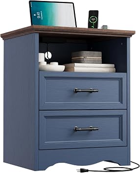 YANSNWO Blue Nightstand with Charging Station, 19.7" 2-Drawer End Table