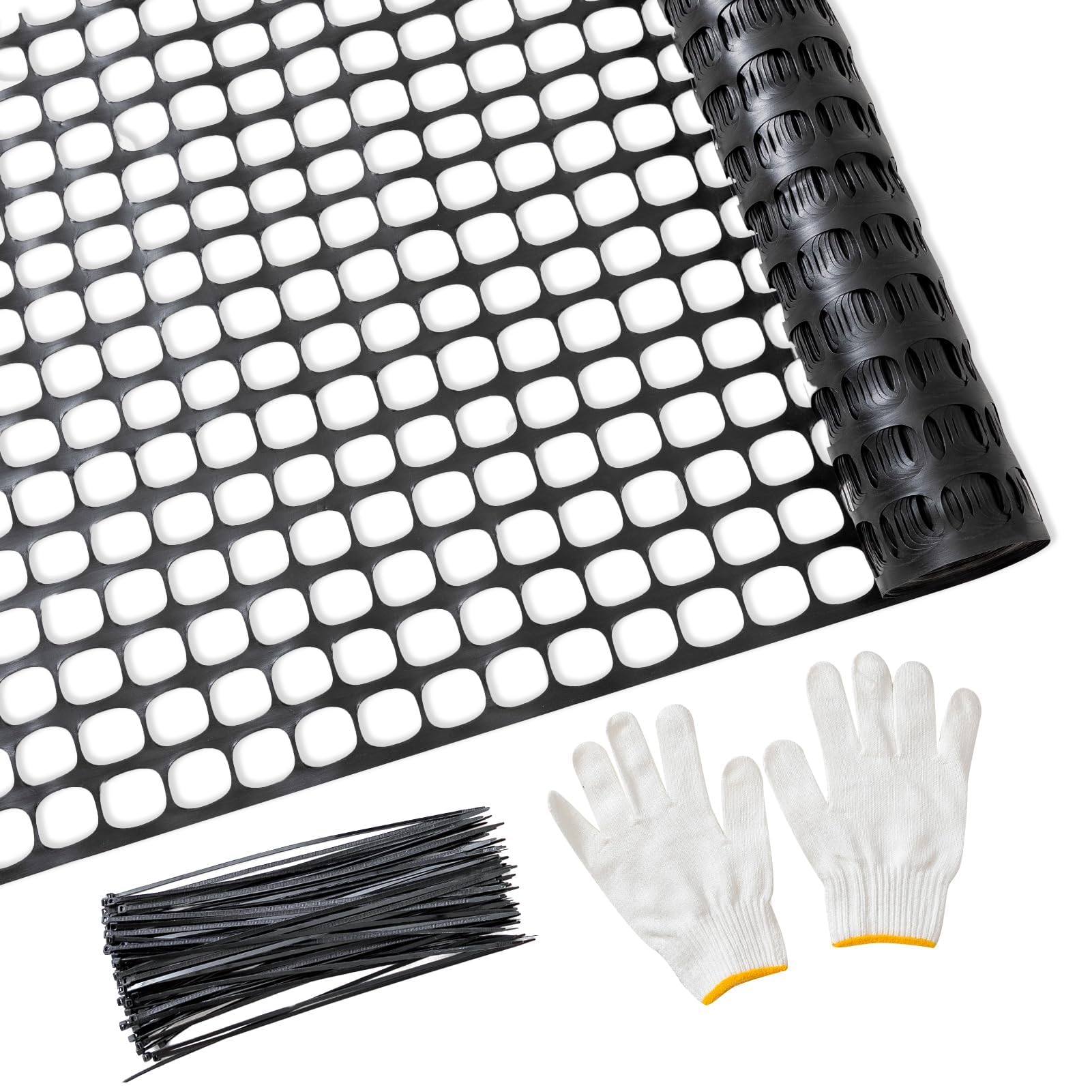 PotatoLife Plastic Mesh Fence Safety Fence, 4'x100' Roll with 100 Zip Ties, Resuable Temporary Netting for Garden Fencing, Construction, Snow Fencing, Animal Barrier, Poultry, Deer, Patio, Black