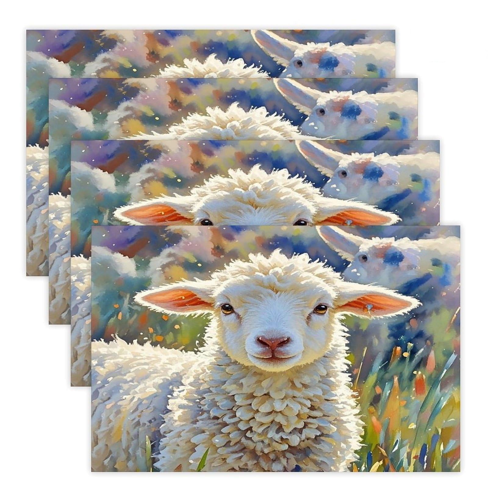 Color Sheep Placemats Flax Place Mats for Dining Table Rectangle Non-Slip Table Mats Heat Resistant Washable Placemat for Kitchen Home Decor Party Outdoor 12" X 18"