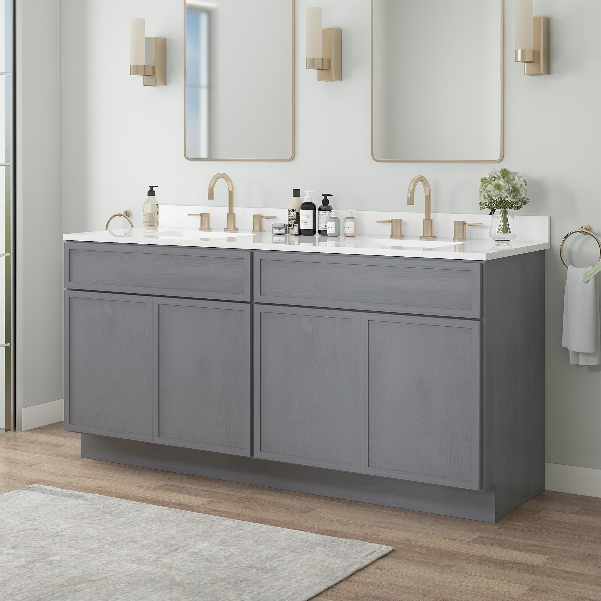 Vanity Art 66 Inch Bathroom Vanity Base Cabinet Double Sink Top (Without Sink), Soft Closing Door, Storage Unassembled Cabinet, Smoke Grey, 2ea 33 Inch Cabinet Combo