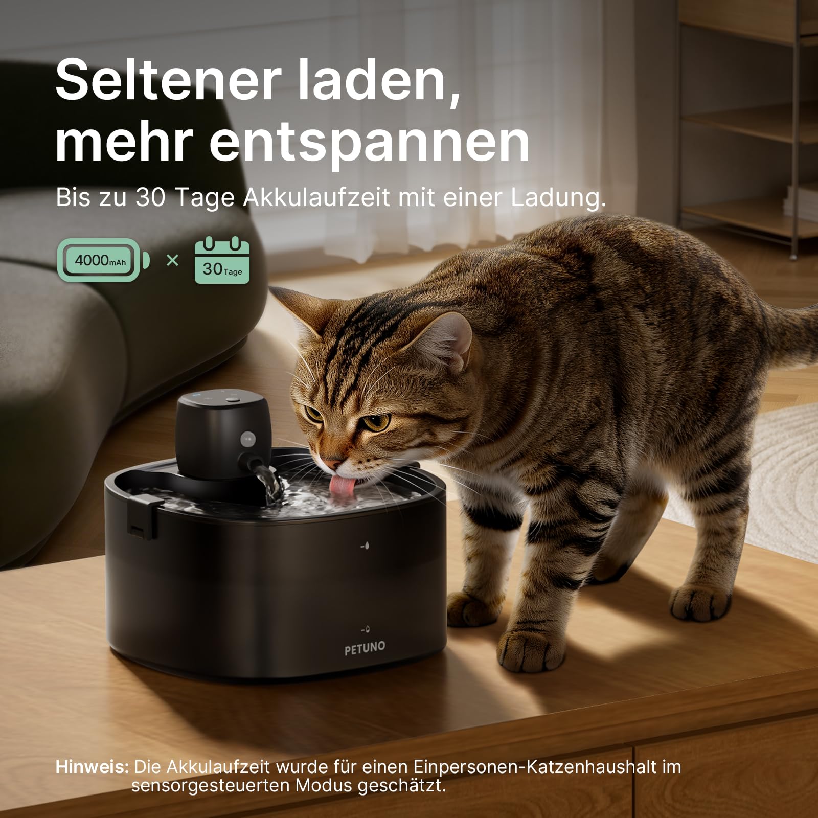 2,3L Katzenbrunnen Kabellos Batteriebetrieben, Schwarz | 4000mAh-Akku, Bewegungsmelder, Ultraleise Pumpe, Verriegelbarer Deckel, Automatischer Trinkbrunnen für Katzen