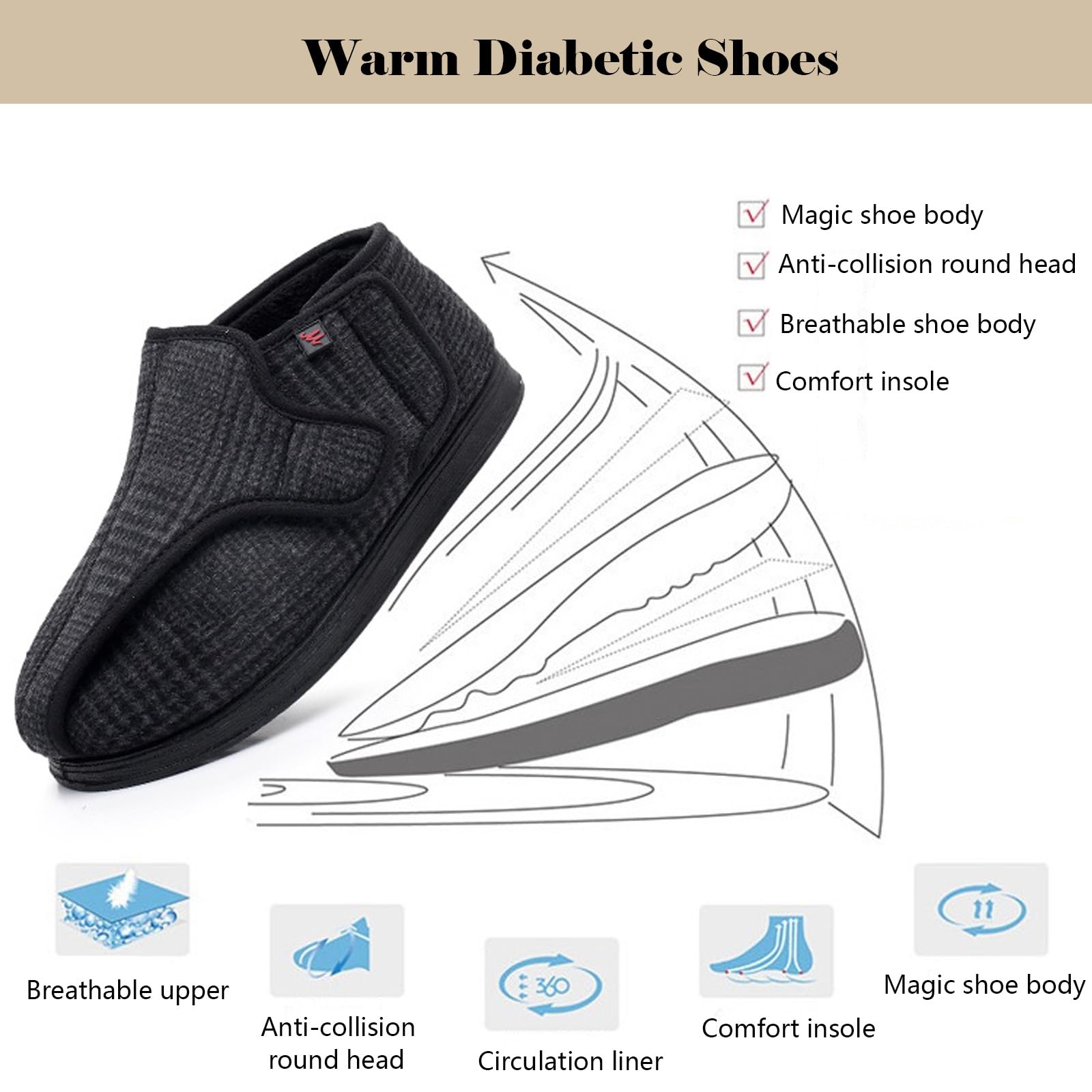 bumuam Zapatilla Ancho Especial Mujer,Zapatos para Diabéticos Anchos Cálidos Ajustables Pies Hinchados Pantuflas Ligeros Amortiguadores para Ancianos EU 41(26cm/10.2in)