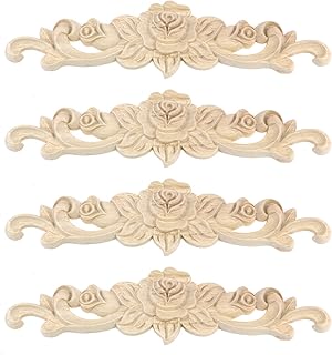 Antrader 4 Pcs Long Wood Carved Appliques Onlays,DIY Wood Appliques and Onlays for Cabinet Door Bed Wardrobe Furniture Decoration(20x5cm/7.87x1.97in)