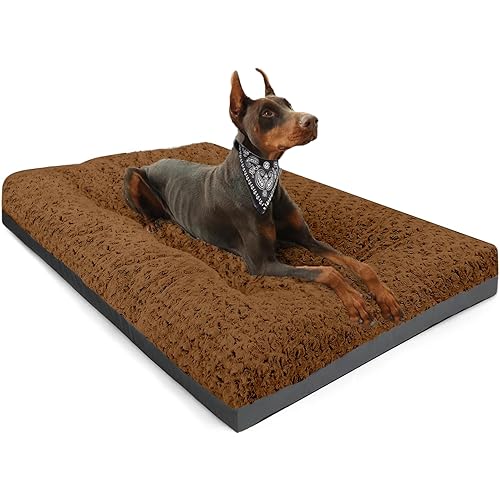 POCBLUE Dog Beds Large Sized Dog, Washable Plush Pet Bed for Crate, Anti-Slip Pet Mat for Cages, Comfy Crate Pad for Outdoor/Indoor/Car Use, Soft Kennel Pad for Dogs Up to 60 lbs, 35"x23", Brown