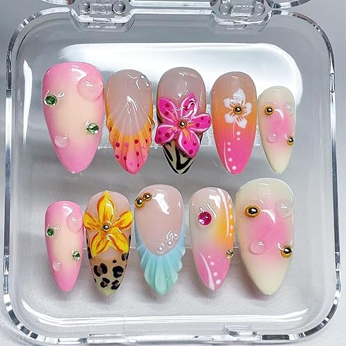 24Pcs Summer Flower Press on Nails Medium Almond Fake Nails
