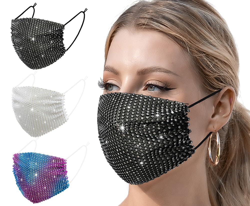 3 Pcs Multi Color New Womens Music Festival Christmas and Halloween Cute Clothing Accessories Protective Adult Mesh Lightweight Breathable Mask Sparkling Crystal Mask Christmas Sparkling Decoration