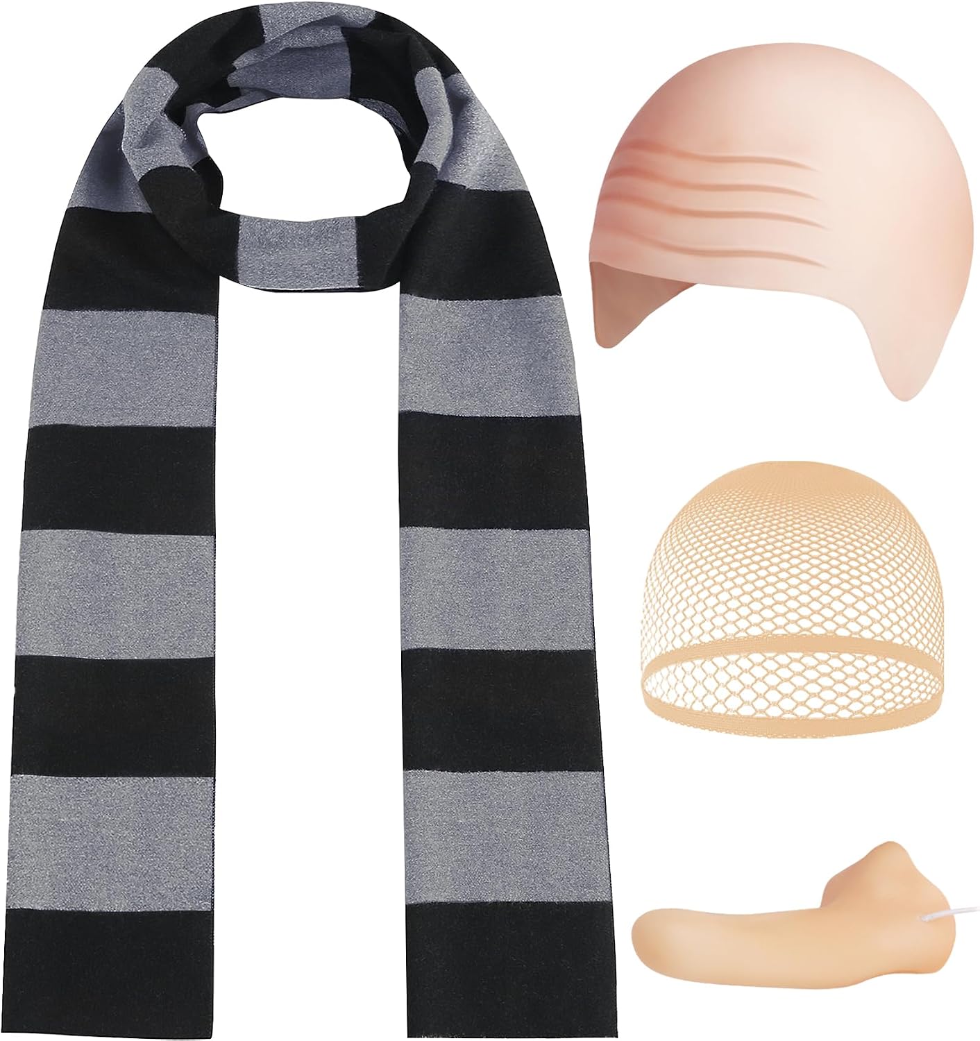 4 Pcs Halloween Costume Accessories for Adult,Bald Cap/Fake Nose/Black Gray Striped Scarf for Men Cosplay Dress Up