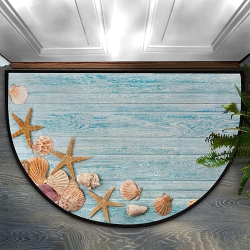 Miniatura 2 de Seashells - Tapete de madera semicircular con estrellas de mar, antideslizante, color azul, tapete de medio círculo, lavable, alfombra de media