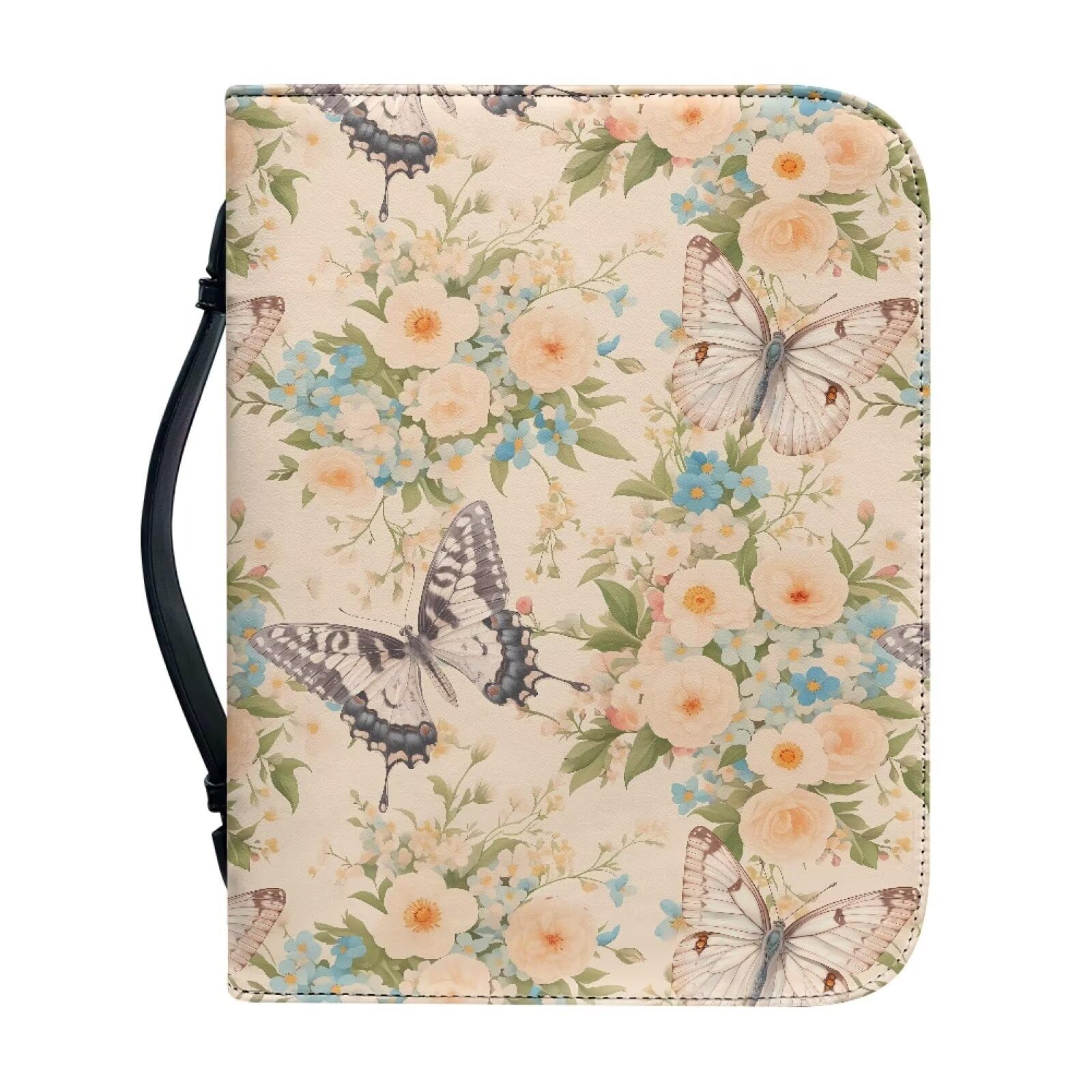 Kuiaobaty Butterfly Floral Pattern PU Leather Bible Cover Bag with Pockets,Retro Butterflies Book Sleeve Case Zipper for Study Bible 4 Size Large 2XL — image 1