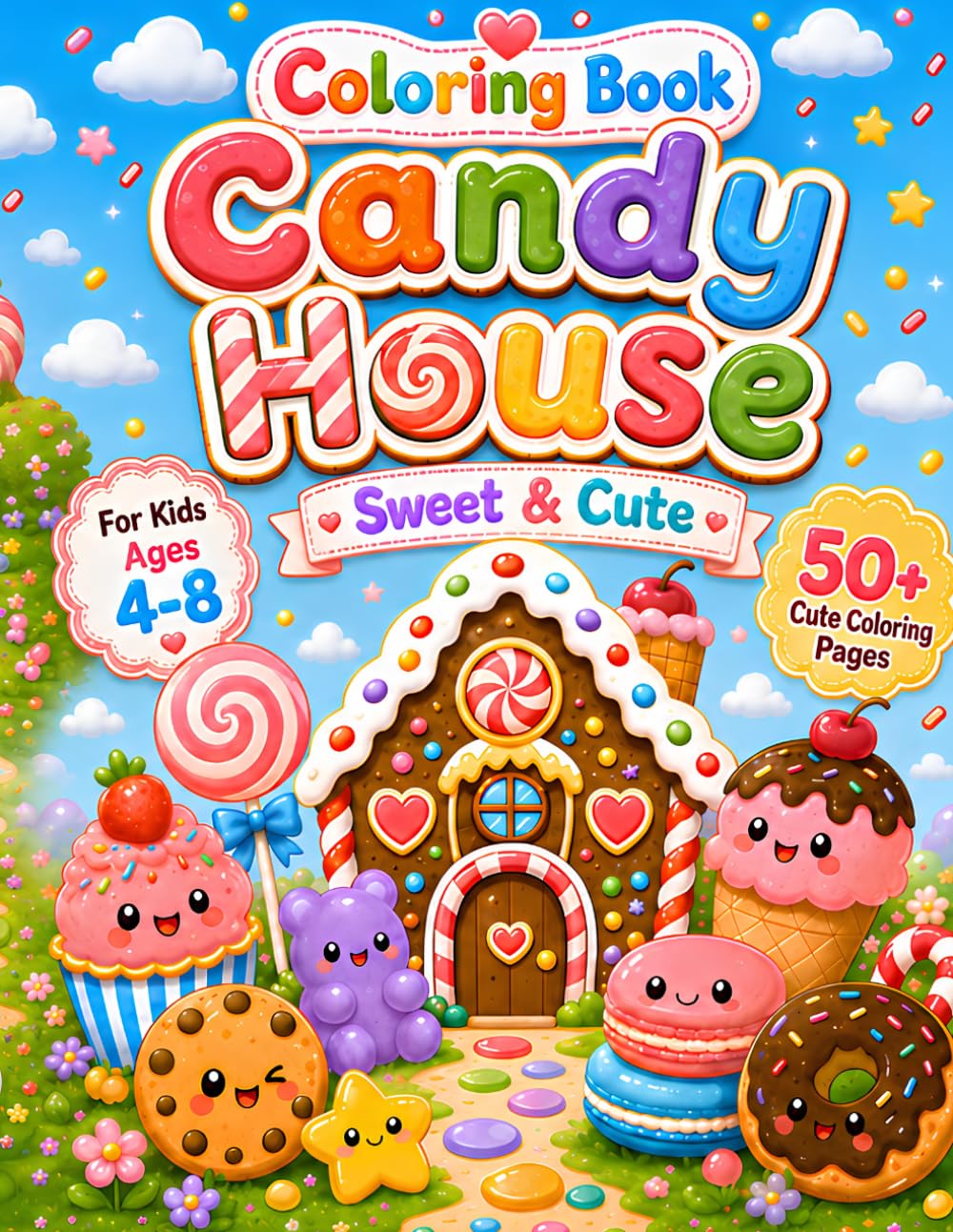 Candy House Coloring Book for Kids Ages 4-8: Sweet and Cute Kawaii Dessert Coloring Pages with Candy, Cupcakes, Cookies and Lollipops