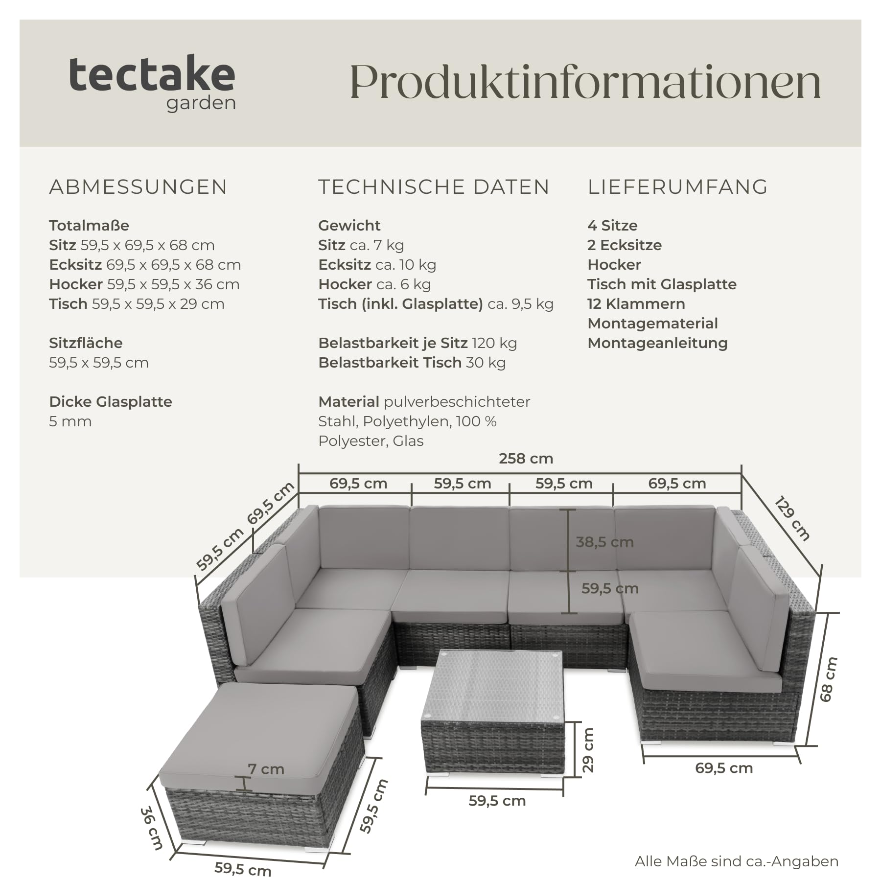 tectake XXL Polyrattan Lounge, Gartenmöbel Set, Sitzgruppe, Balkon Möbel mit 6 Sitze 1 Tisch 1 Hocker, inkl. Sitzkissen, Gartenlounge Outdoor, wetterfest, für Garten, Balkon, Terrasse - grau