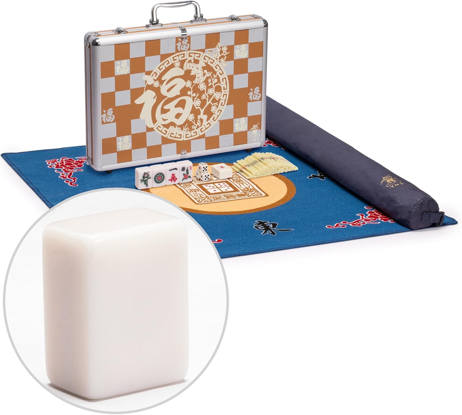 Yellow Mountain Imports Mahjong Bundle - Champion-Size Chinese Mahjong Set with Chinese Mahjong Scoring Sticks (Ivory) and Blue 31.1-inch Table Cover