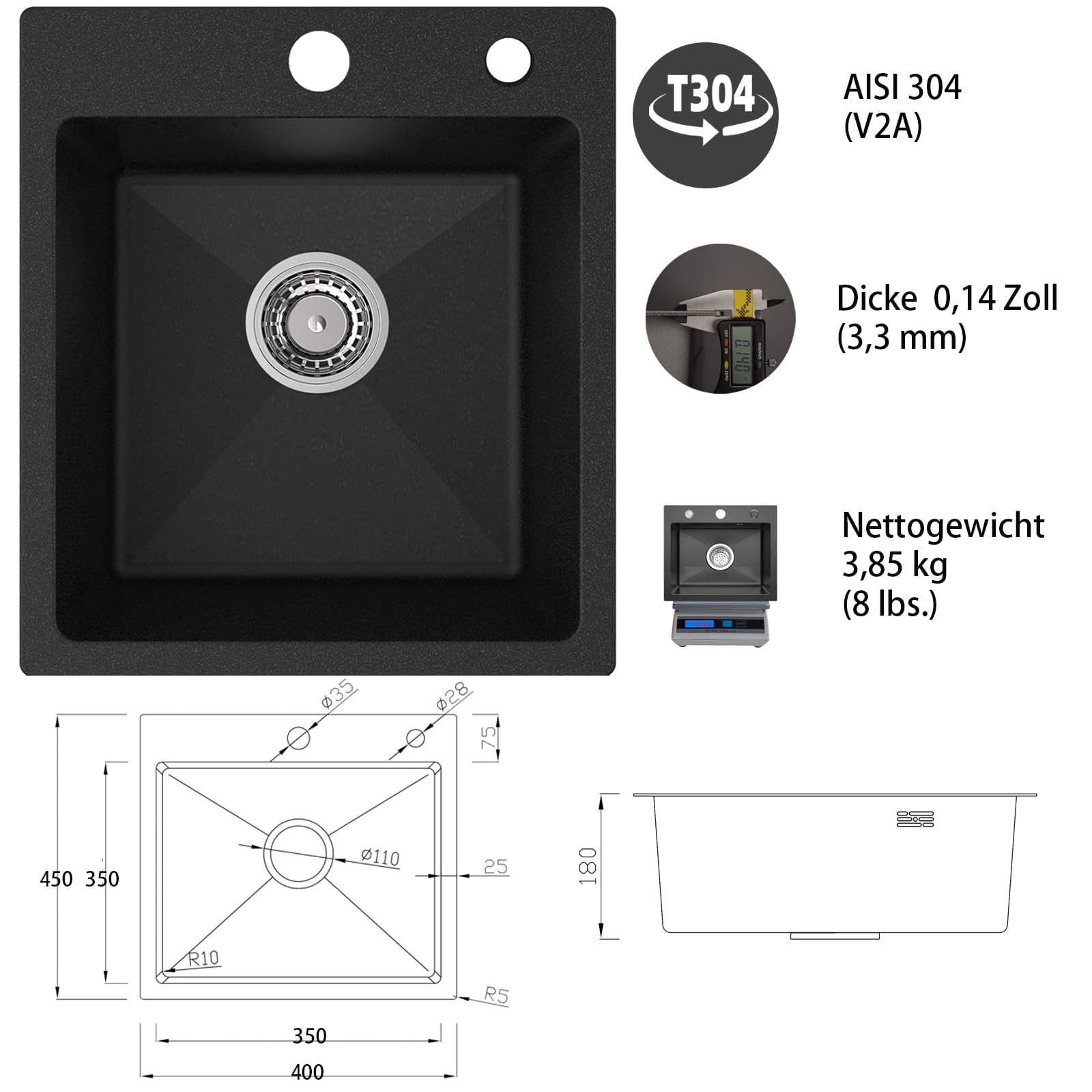 304(V2A) Edelstahl Küche Spülbecken Set 40x45cm Nano-Beschichtung | Küchenspüle mit Drehbare Ausziehbar Wasserhahn Ablaufgarnitur Stöpsel Siphon Gemüsesieb Seifenspender Sorgenfreies Set