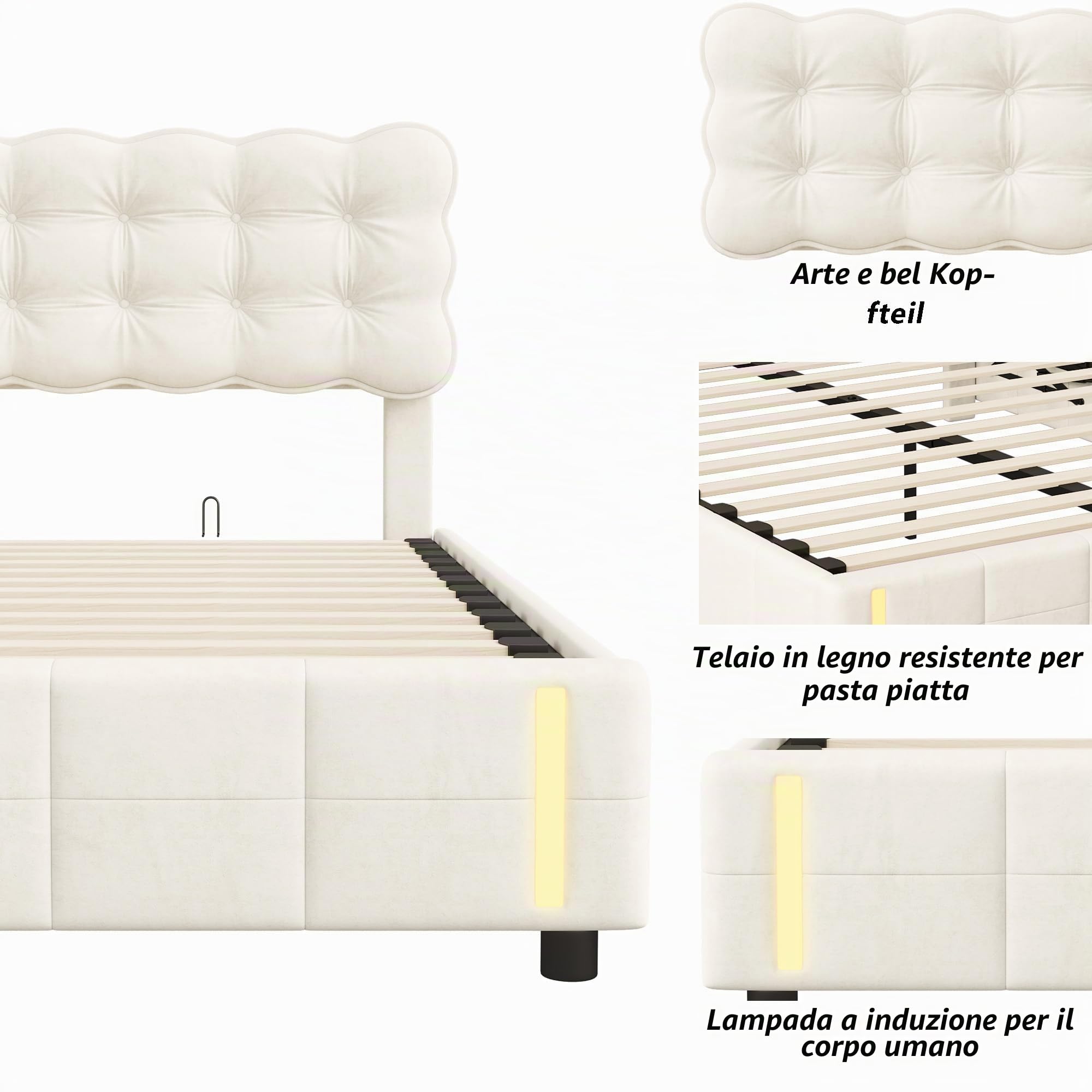 Letto 140 x 200 con sistema di sollevamento a gas, testiera imbottita, vano cassapanche, illuminazione a LED e telaio in velluto beige (Beige-A, 140 x 200 cm)