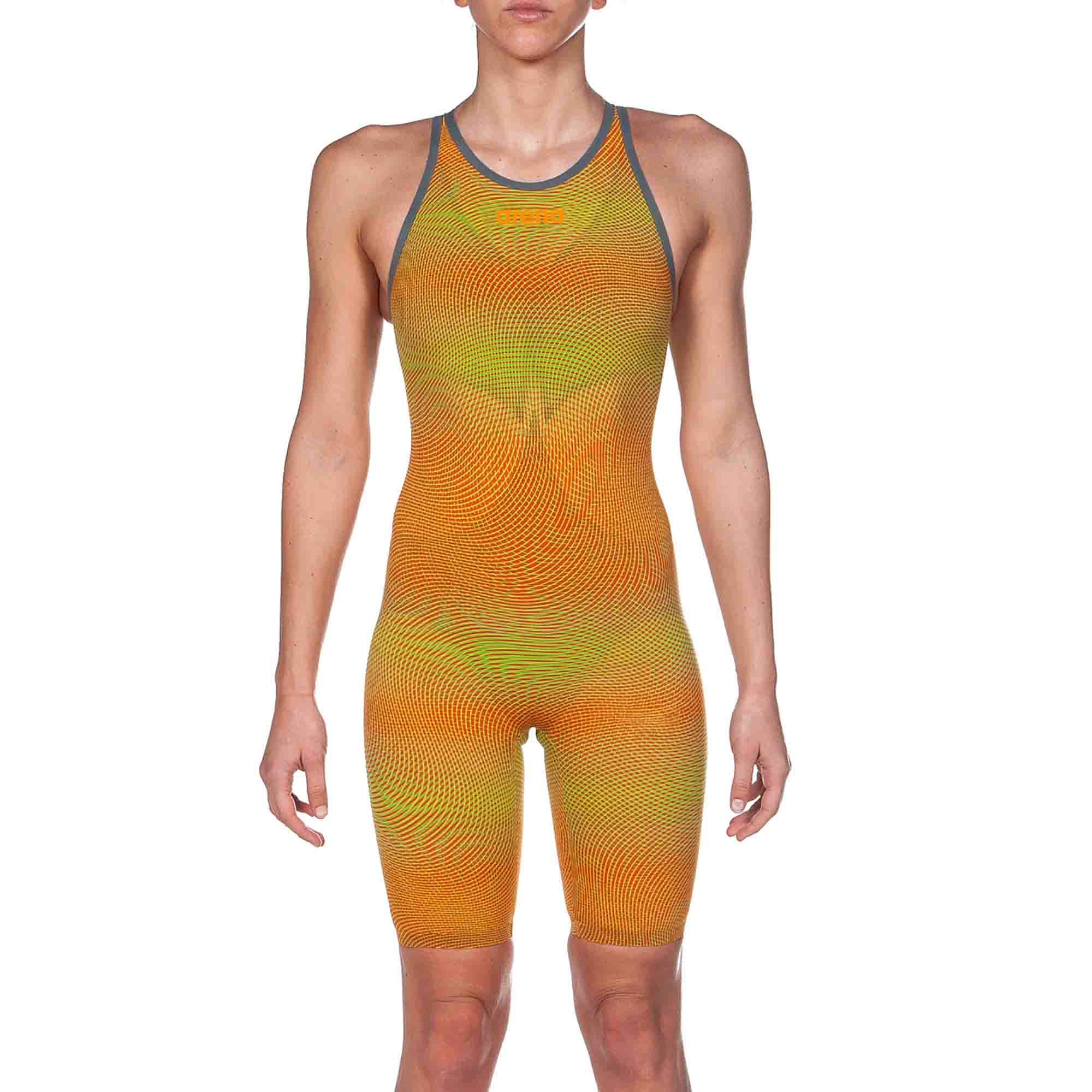 ARENA Powerskin Carbon Air² Women's Open Back Racing Swimsuit, Lime/Orange, 30
