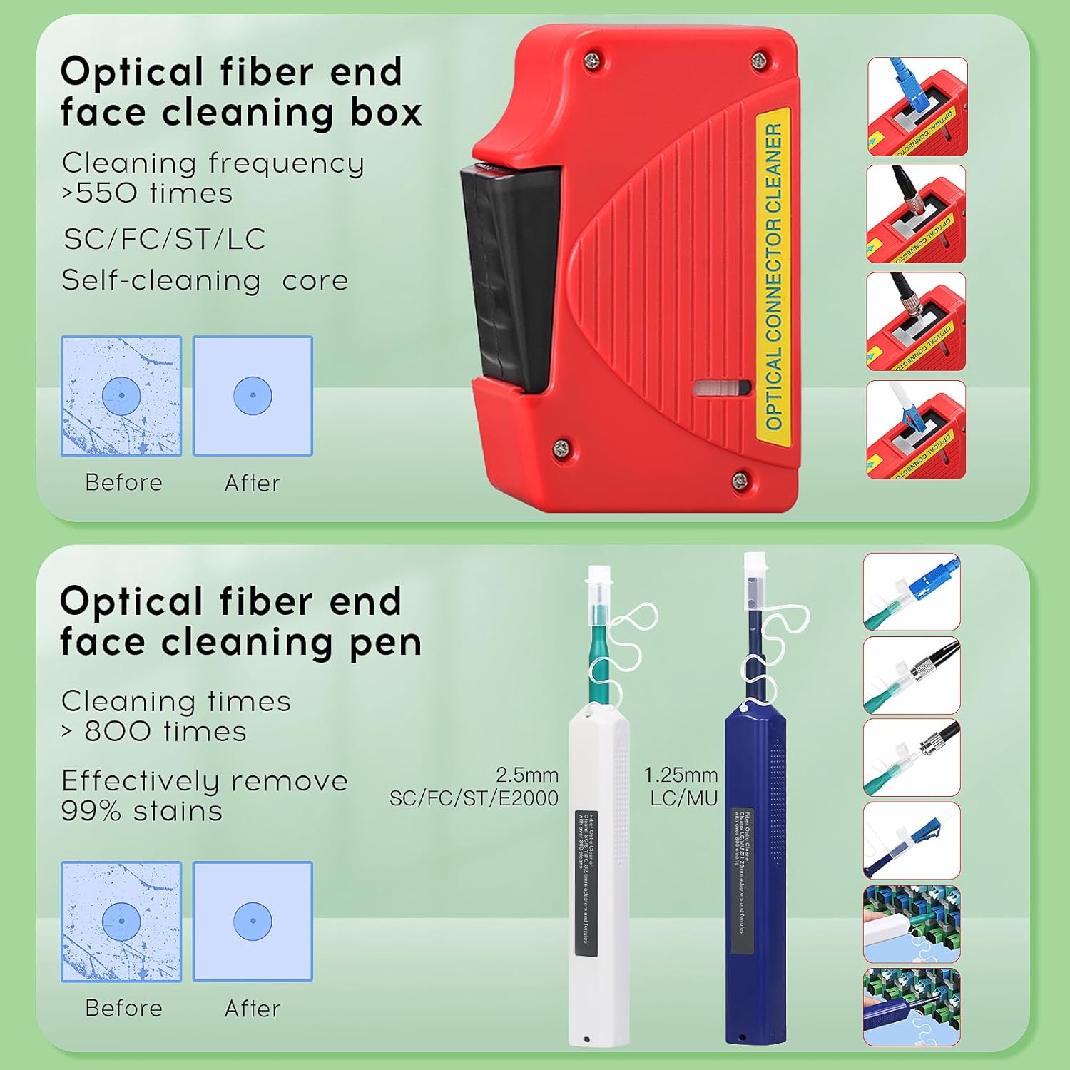 14 in 1 Fiber Cleaning kit Fiber Optic Inspector Video Probe 400x Fiber Microscope for SCUPC FCUPC STUPC LCUPC Interface MPO/SC/LC Fiber Optic Cleaning Pen/Box dust-Free Paper FTTH Tool kit
