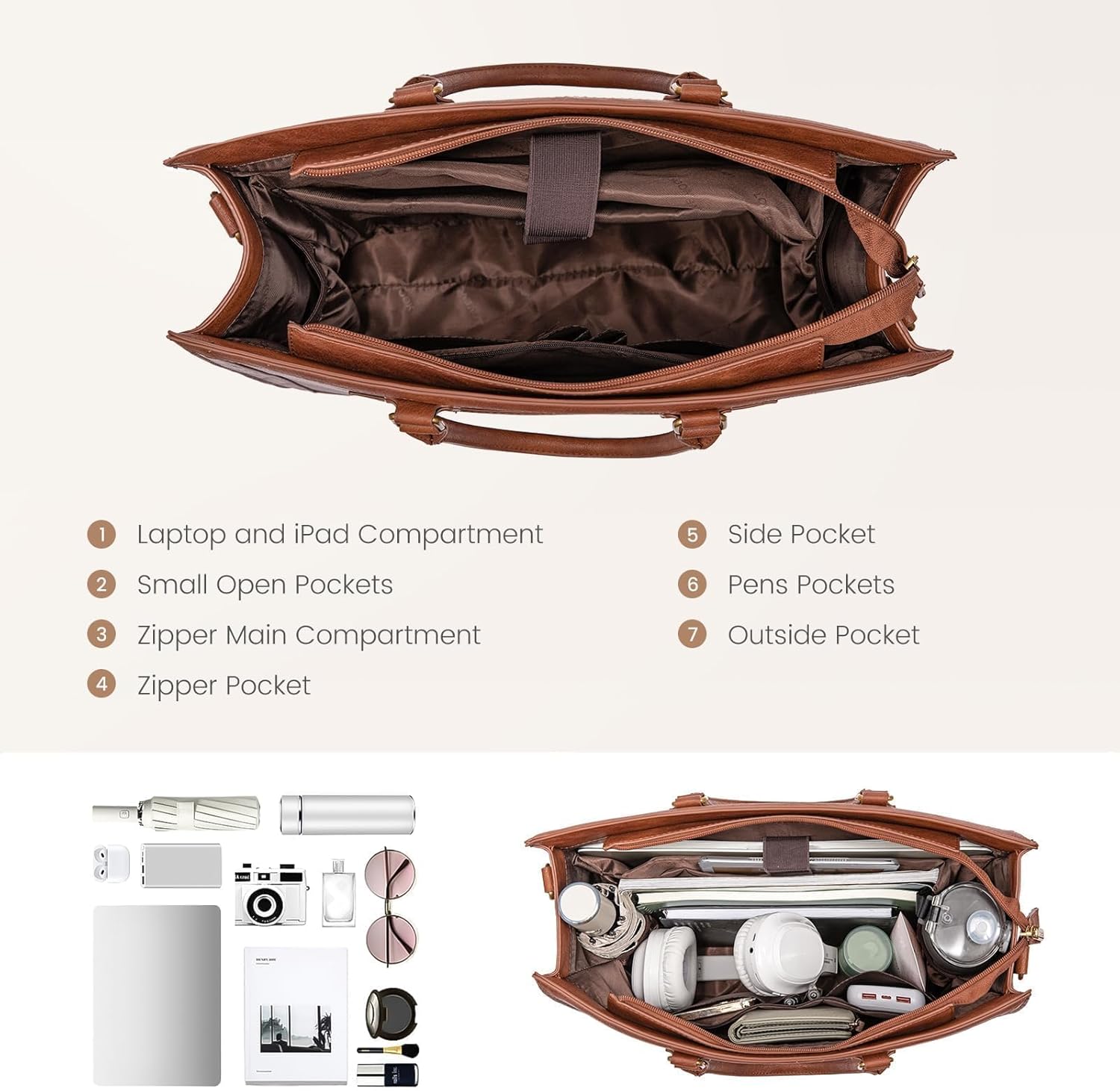 LOVEVOOK Laptop Tote Bag for Women, 15.6 Inch Work Bags, PU Vintage Leather Tote Bag, Waterproof Computer Bags with Clutch Purse, Large Capacity Messenger Bag for Teacher College Business Office - Image 4