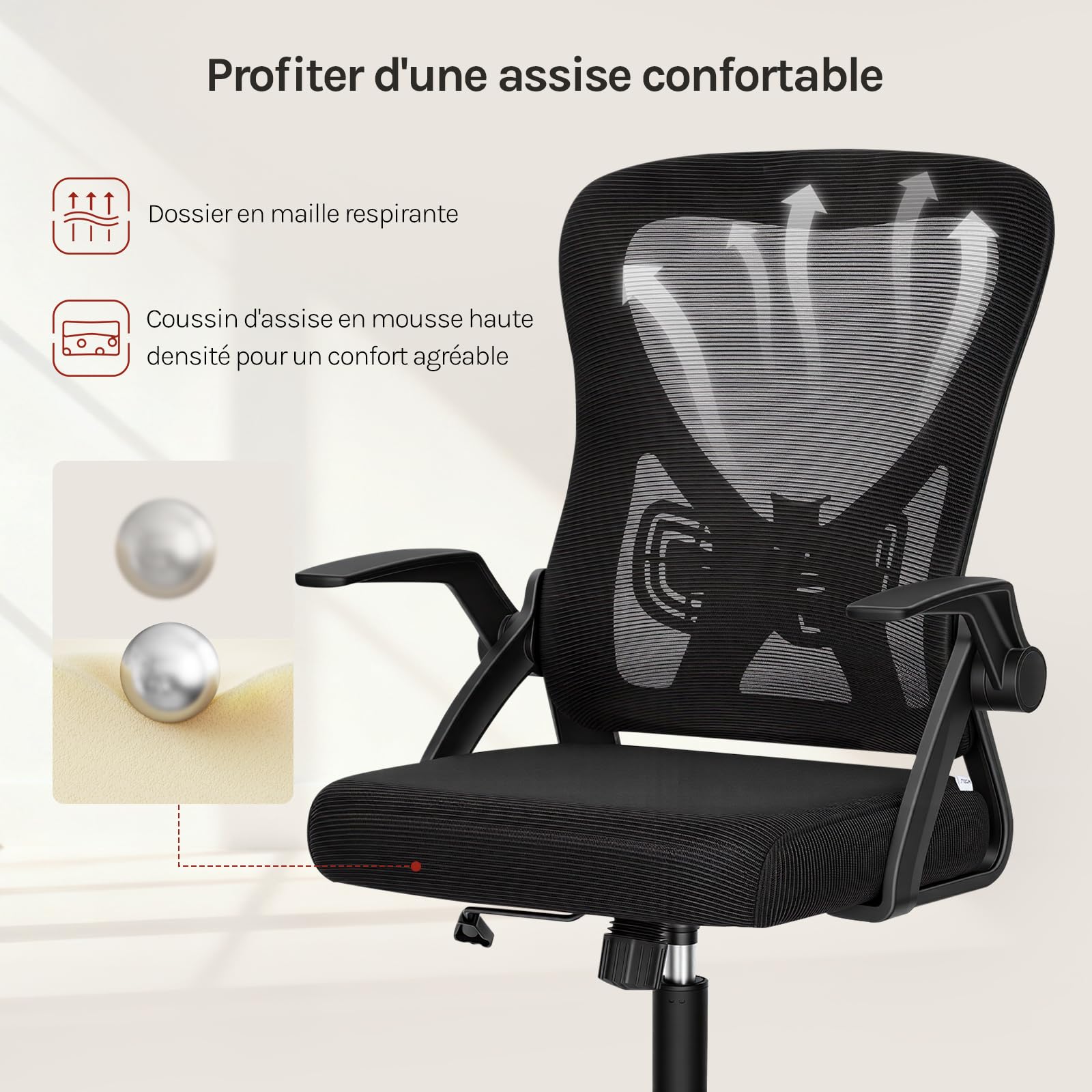WOLTU Chaise de Bureau Ergonomique avec Soutien Lombaire et Dossier Inclinable en Tissu Maille, Chaise Pivotante à roulettes avec Siège Réglable et Accoudoirs Rabattables, pour Bureau, Studio, Noir