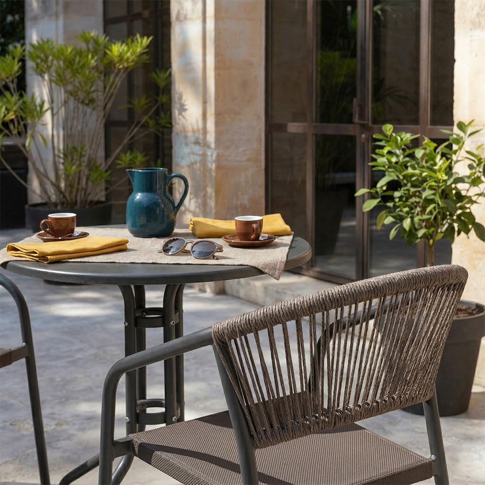 UBERTI. Set bistrò da balcone tavolino rotondo in metallo e 2 sedie in metallo con braccioli impilabili con schienale in corda, set salvaspazio per veranda e giardino - Max & Gaia (Grigio Scuro)