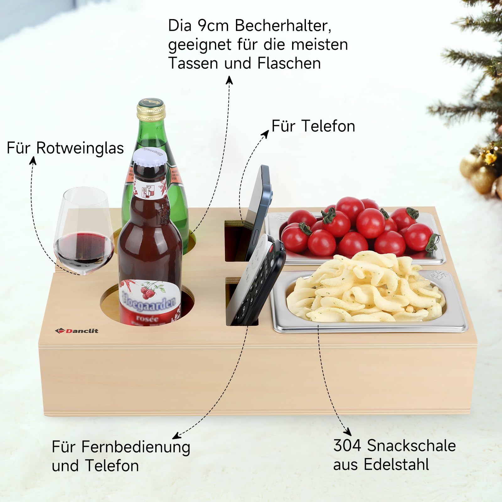 Couchbar, Sofatablett Sofa Snackspender Couchbar Snackbox mit 2 Edelstahl Snackschalen Snackspender als Geschenk für Familie Freunde