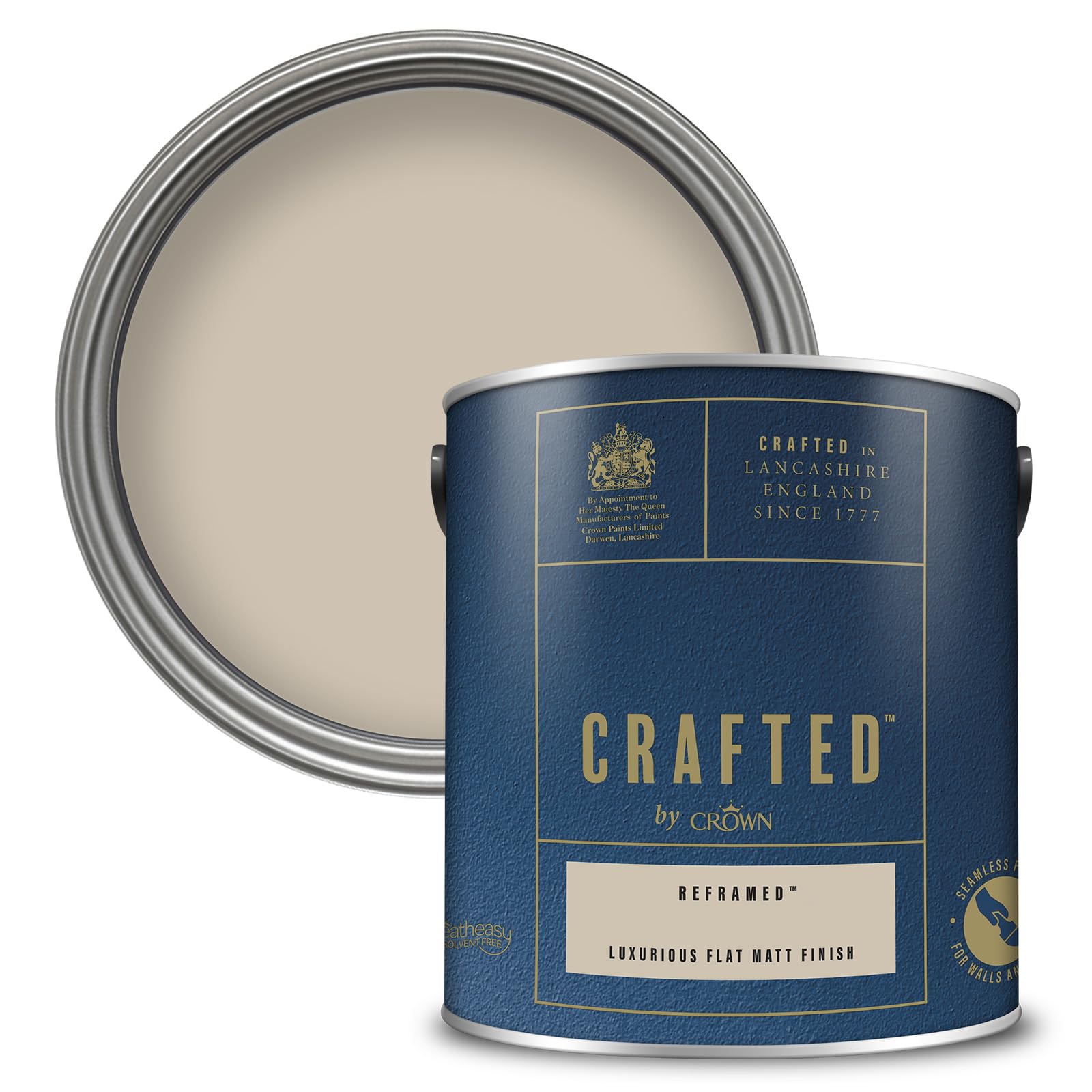 Crown Paint CRAFTED Reframed Velvety Flat Matt Emulsion Paint - Mid Cream Finish - Use on Walls, Ceilings and Wood - Luxurious, Thick and Creamy, Low Odour - 2.5L