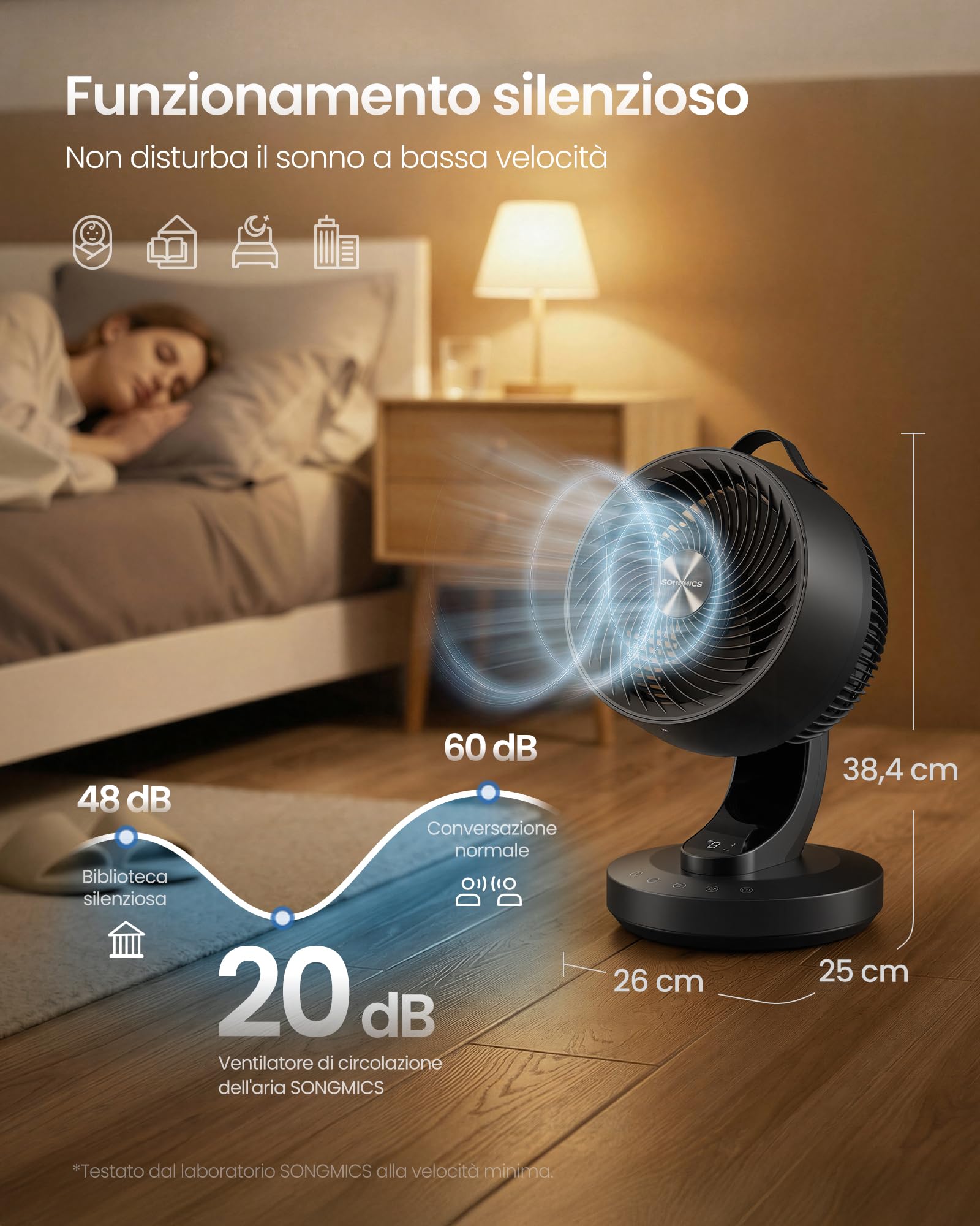 SONGMICS Ventilatore da Tavolo, Ventilatore Silenzioso 20 dB per Camera da Letto, Display LED e Telecomando, Oscillante 70°, 8 Velocità, Timer 12 Ore, Circolazione d’Aria, Nero Inchiostro XFC001B1EU