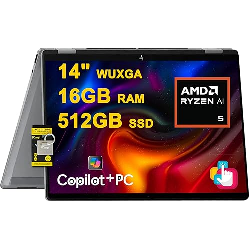 HP OmniBook X Flip 2-in-1 Laptop 14" WUXGA IPS Touch (400nits) AMD 6-core Ryzen AI 5 340 (Up to 50 Tops) 16GB RAM 512GB SSD for Creator Designer Business Professional Win11 ICP Hub/Copilot+ AI PC