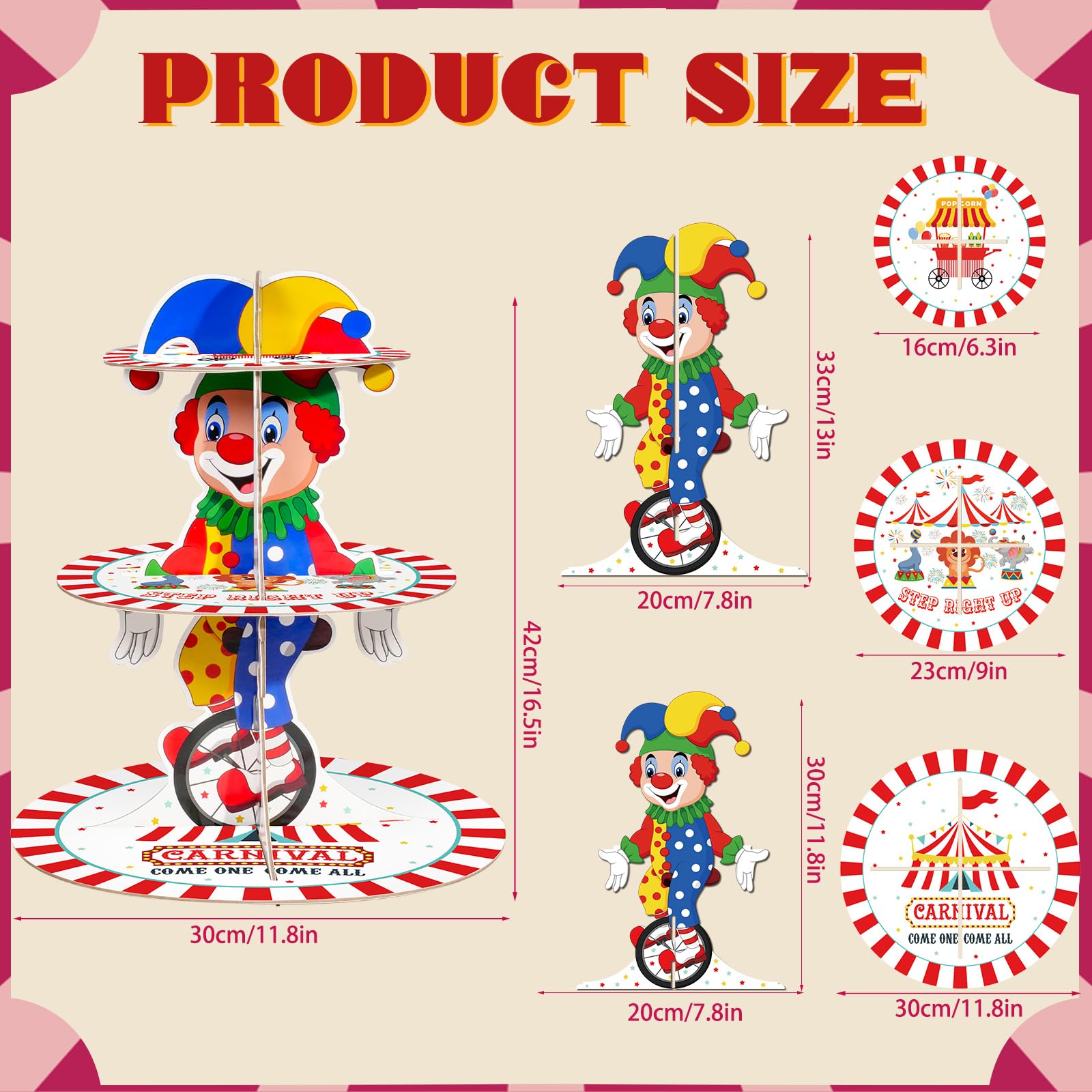 3-Tier Circus Theme Cupcake Stand Carnival Birthday Party Decoration Round Cardboard Cupcake Stand for Carnival Circus Themed Birthday Party Supplies