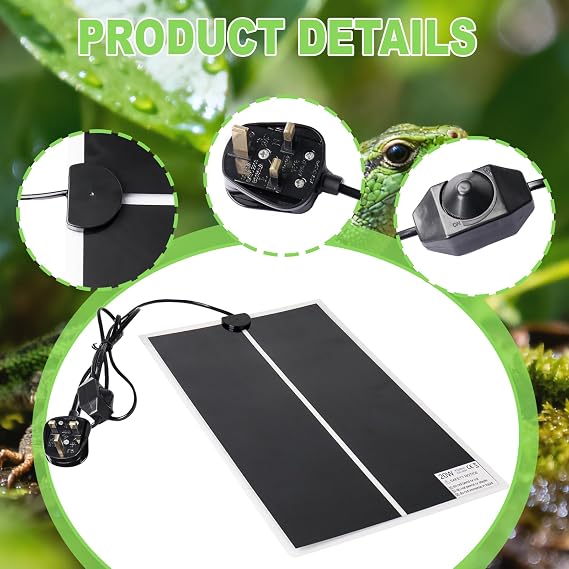 Reptile Heating Mat, 20W Reptile Heating Pad with Temperature Adjustment for Turtle Snakes Lizard Gecko Hermit Crab Turtle Amphibians, Removable Terrarium Heat Mats (42 x 28 cm)