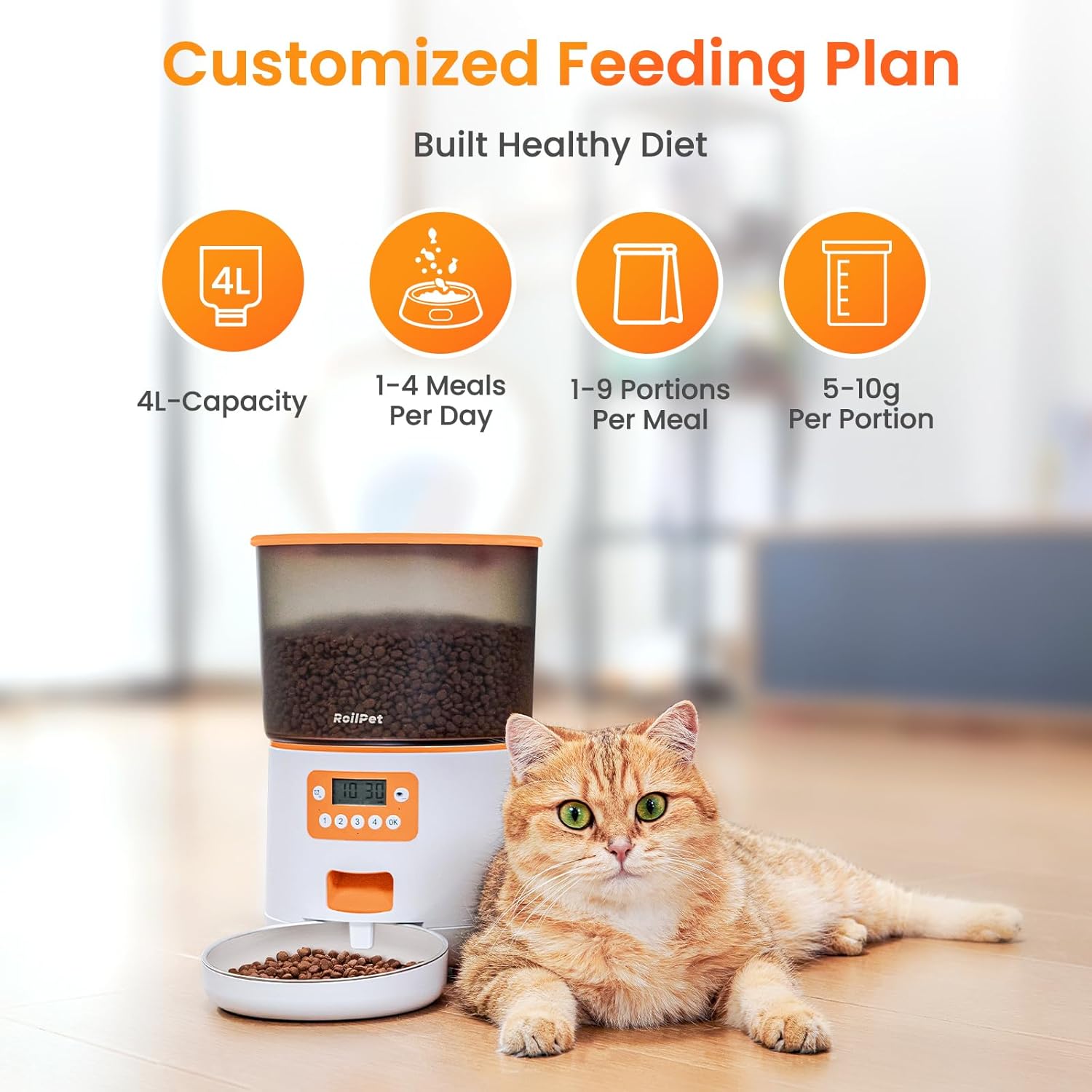 Infographic showing 4L capacity, 1-4 meals per day, 1-9 portions per meal, and 5-10g per portion, with a cat next to the feeder.