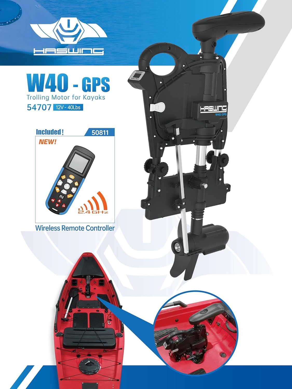 HASWING W40-GPS Trolling Motor installed on a red kayak with remote control