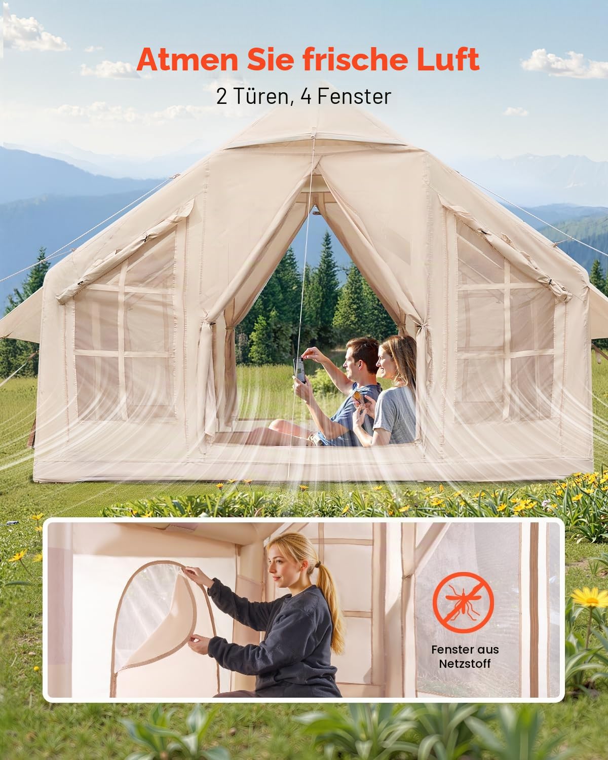 VEVOR Aufblasbare Zelte für Camping 3x3x2,3 m, 4–6 Personen, 300D Oxford 4-Jahreszeiten-Glamping-Zelt mit Handpumpe, Ofenanschluss, 2 Türen & 4 