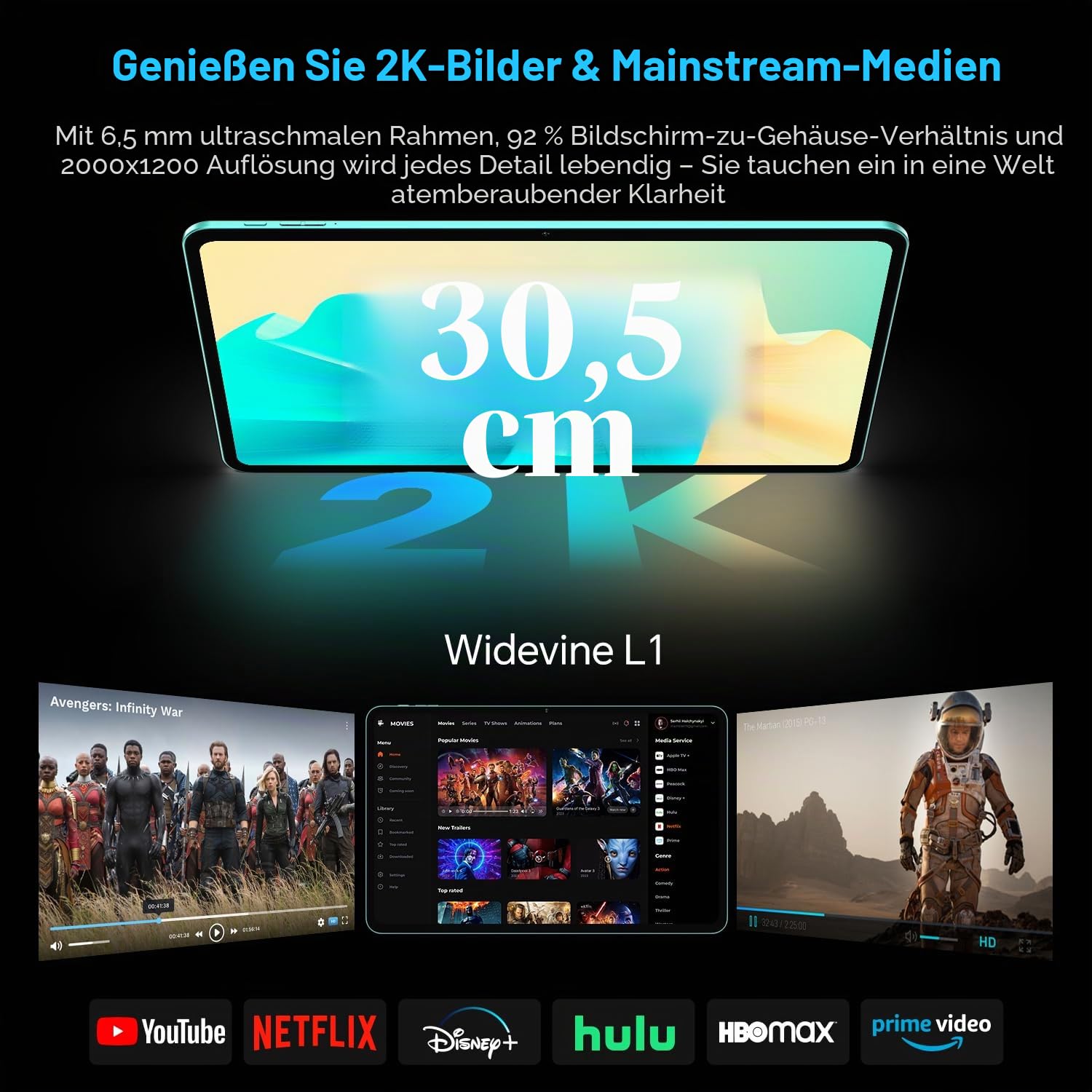 ODEA Tablet 12 Zoll 2K Display Android Tablets mit Stift und Hülle, 8000mAh Akku, 128GB ROM((bis 2TB TF), CPU T7200, Widevine L1, GPS, 5GHz WLAN, BT5.0, 13MP+8MP Tablet Unterstützung Gemini AI